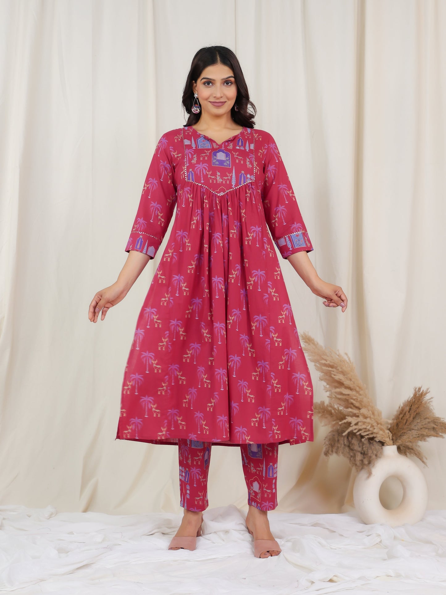 Soft Cotton Animal Flared Pink Kurta