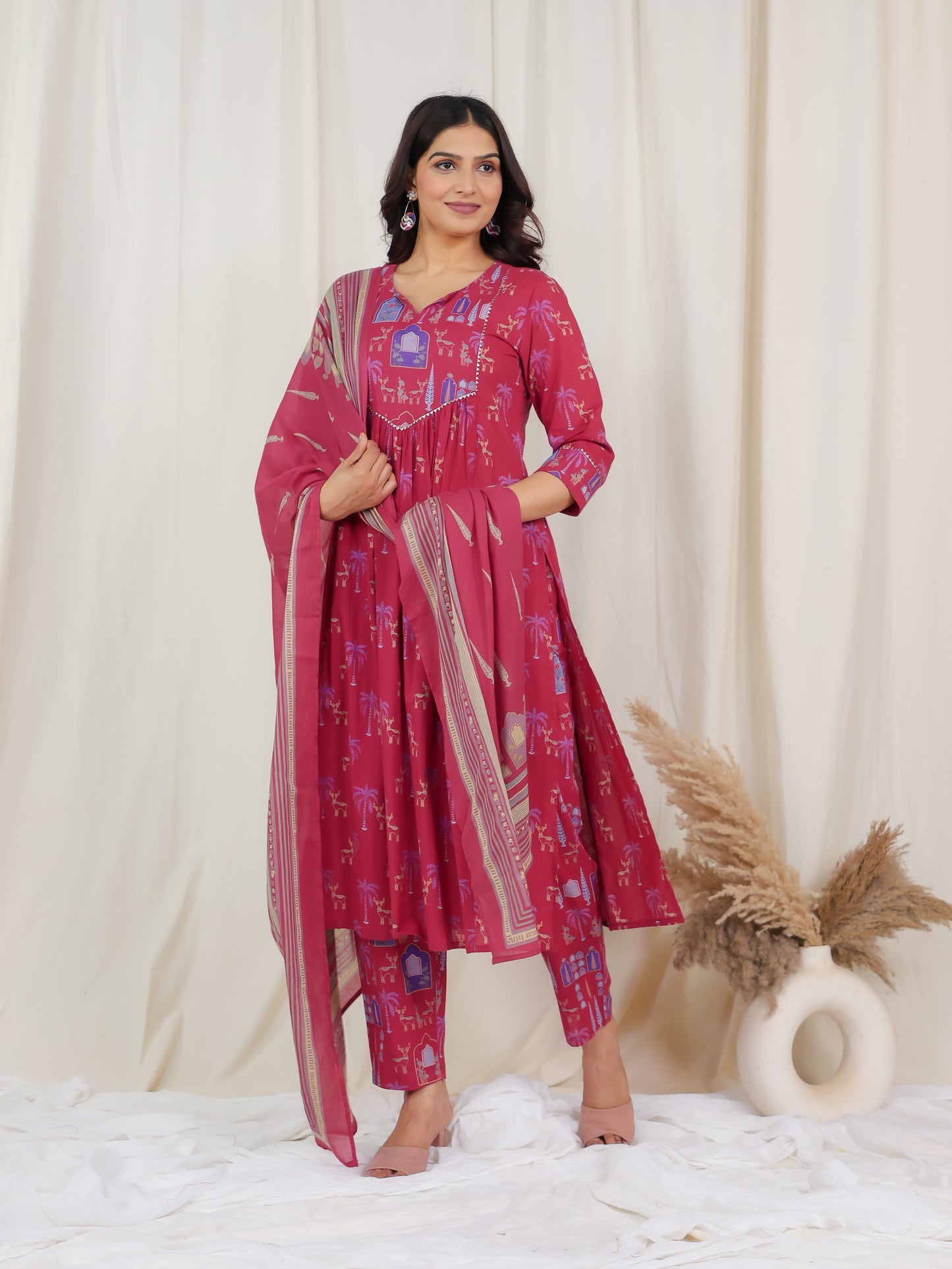 Soft Cotton Animal Flared Pink Kurta