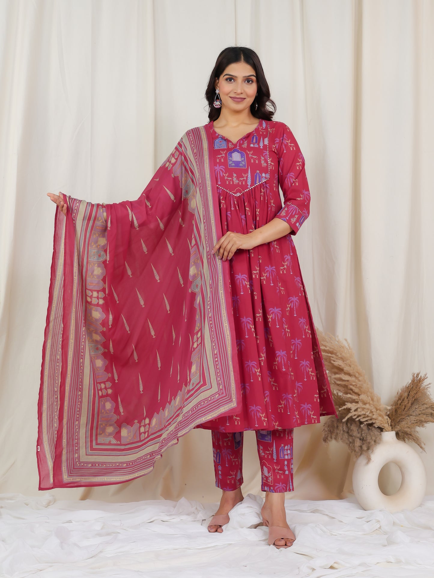 Soft Cotton Animal Flared Pink Kurta
