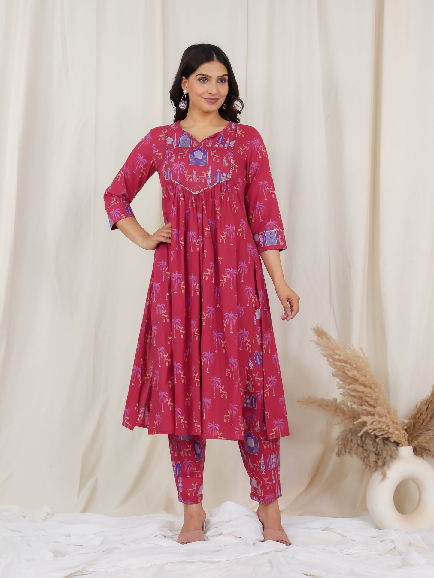 Soft Cotton Animal Flared Pink Kurta