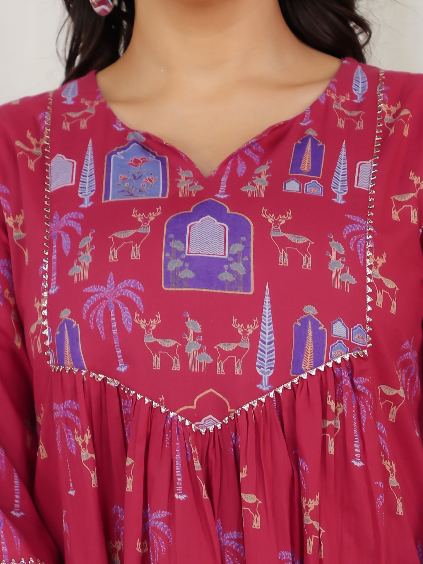Soft Cotton Animal Flared Pink Kurta