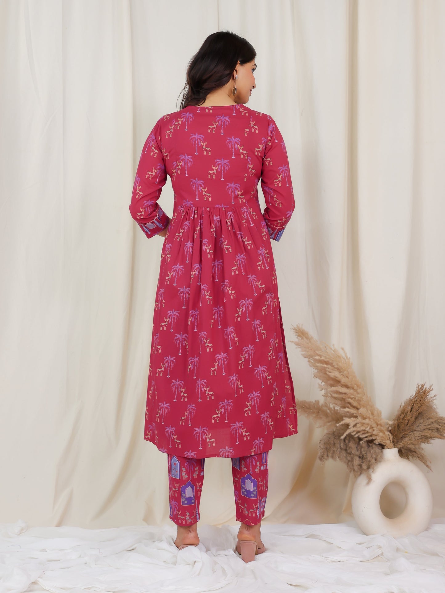 Soft Cotton Animal Flared Pink Kurta