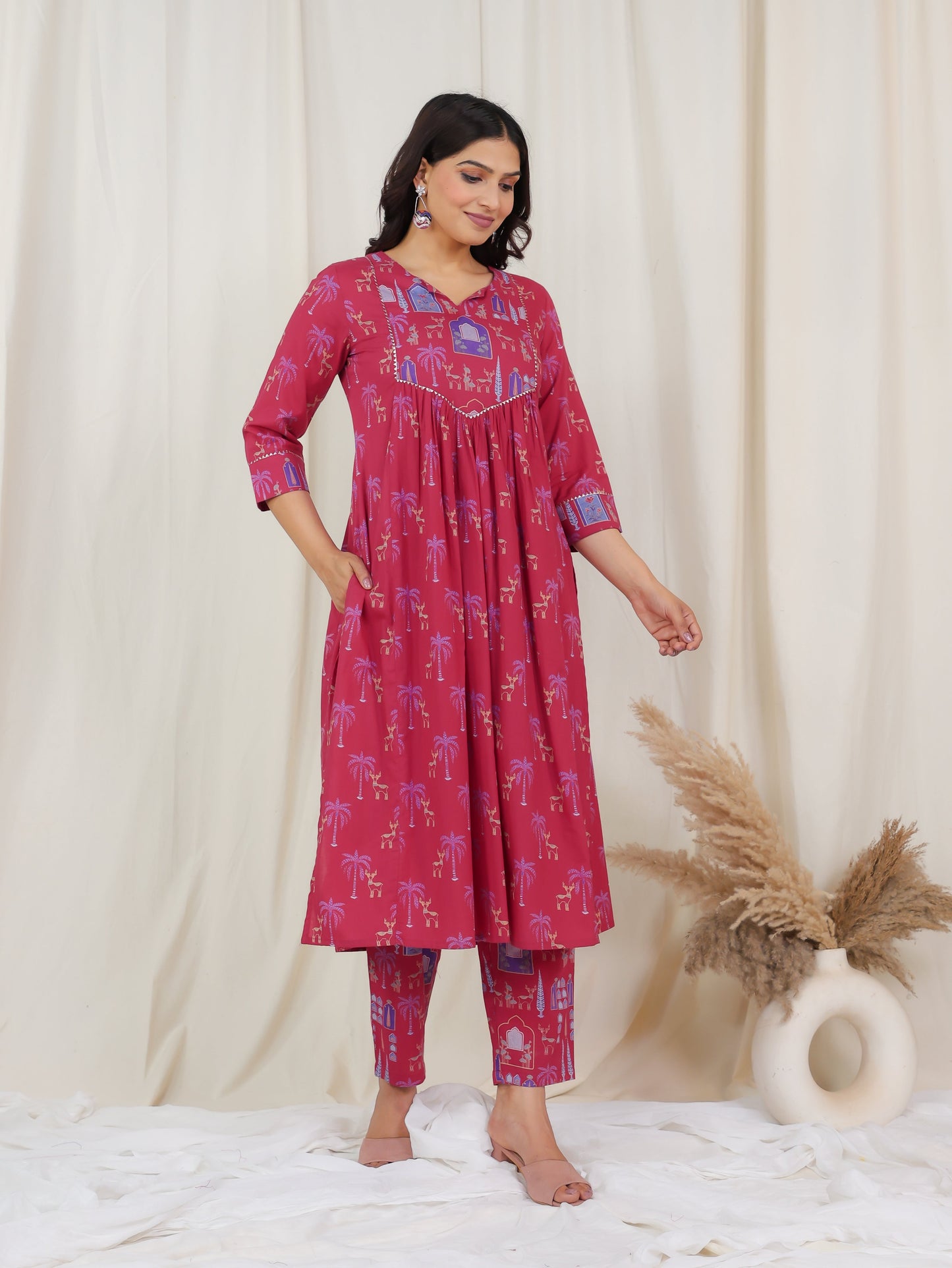 Soft Cotton Animal Flared Pink Kurta