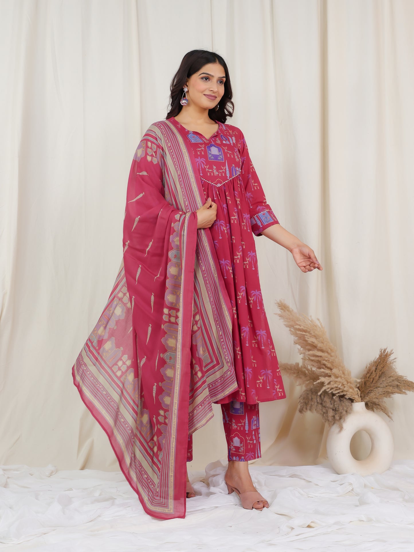 Soft Cotton Animal Flared Pink Kurta