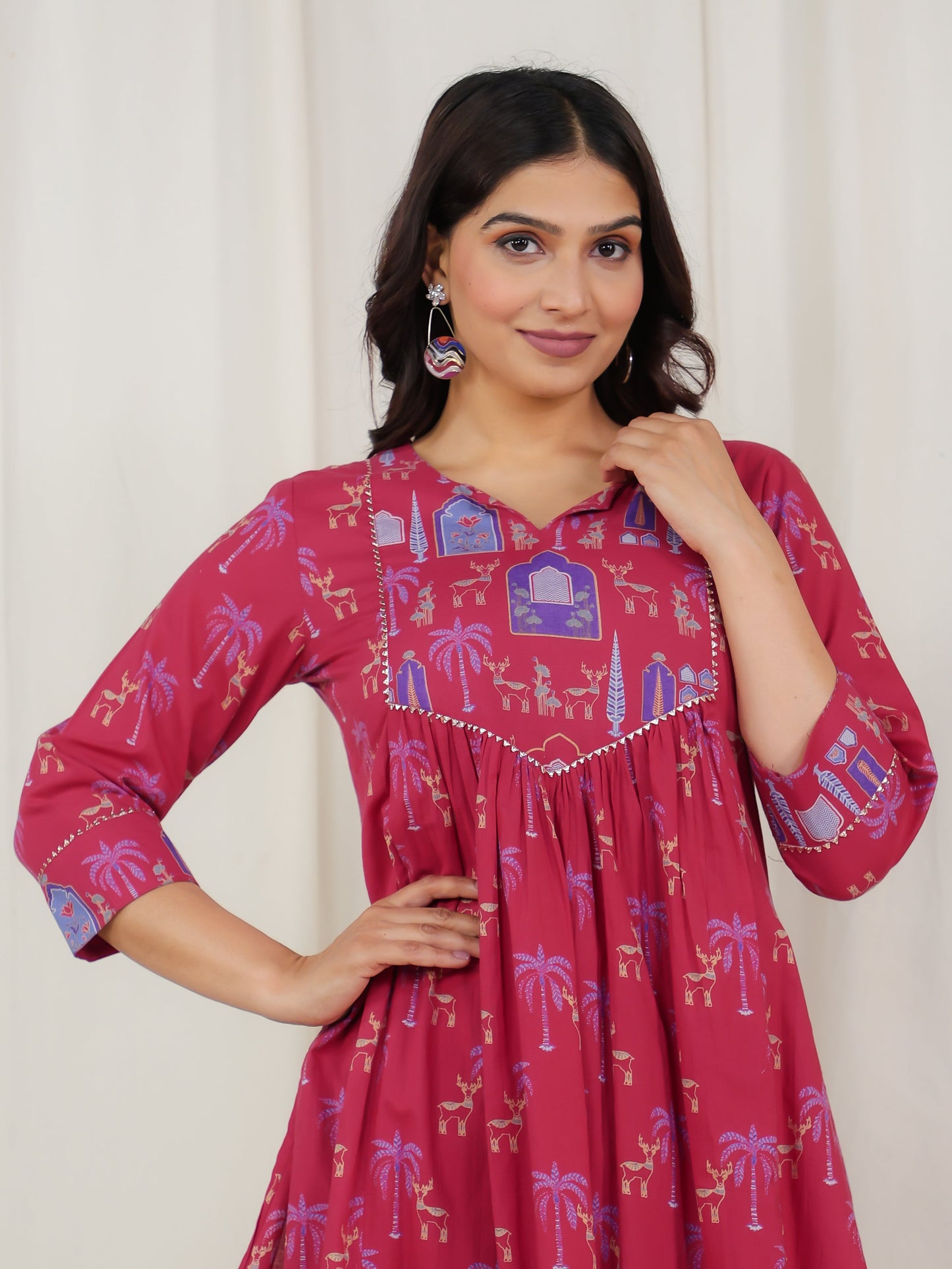 Soft Cotton Animal Flared Pink Kurta