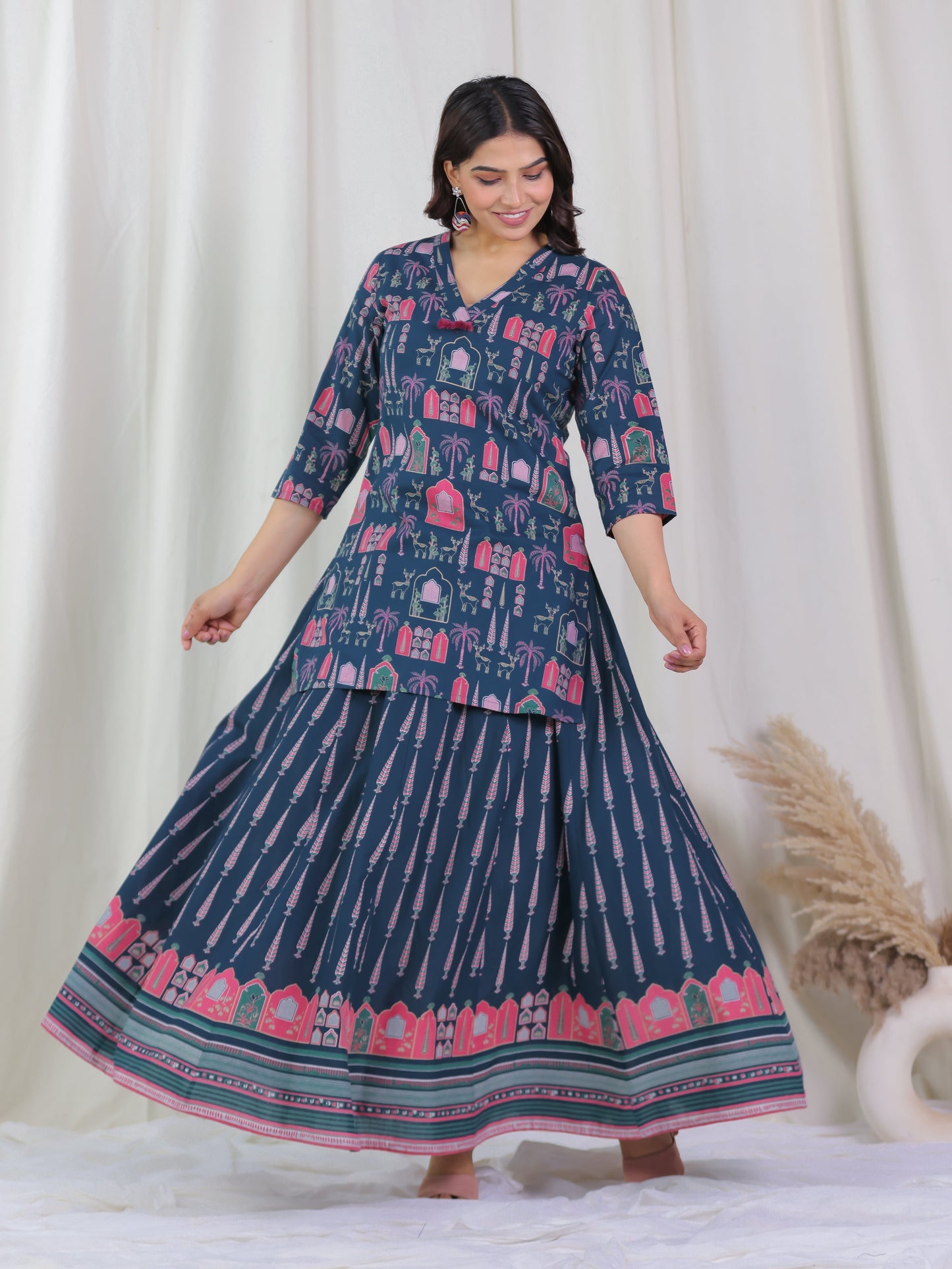 Soft Cotton Ajrakh Straight Blue Kurta