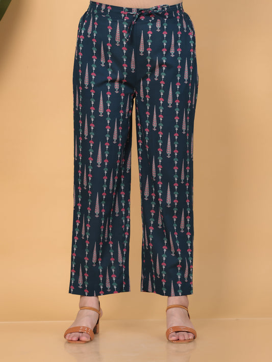 Soft Cotton Floral Teal Trousers Straight Trousers