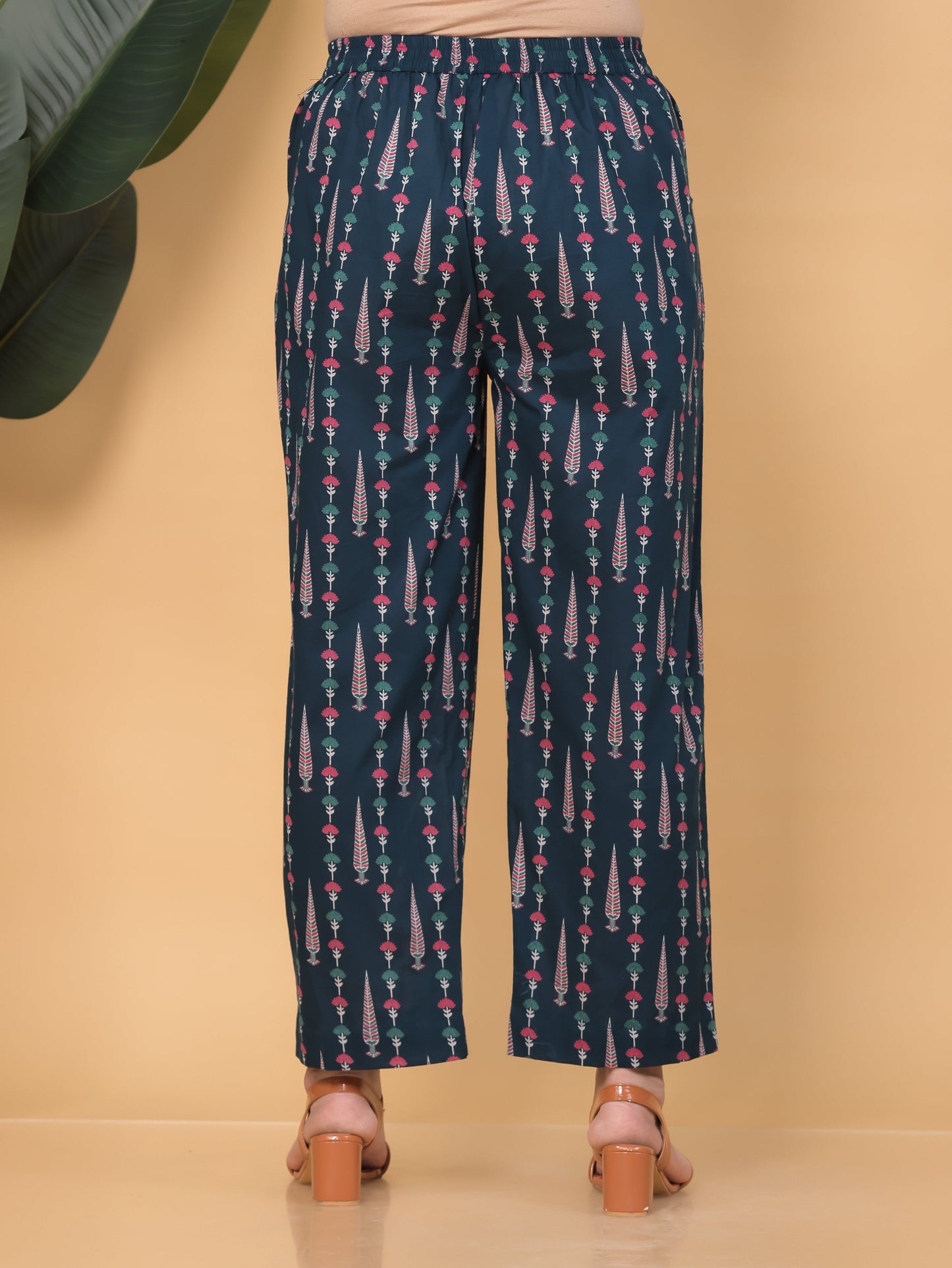 Soft Cotton Floral Teal Trousers Straight Trousers