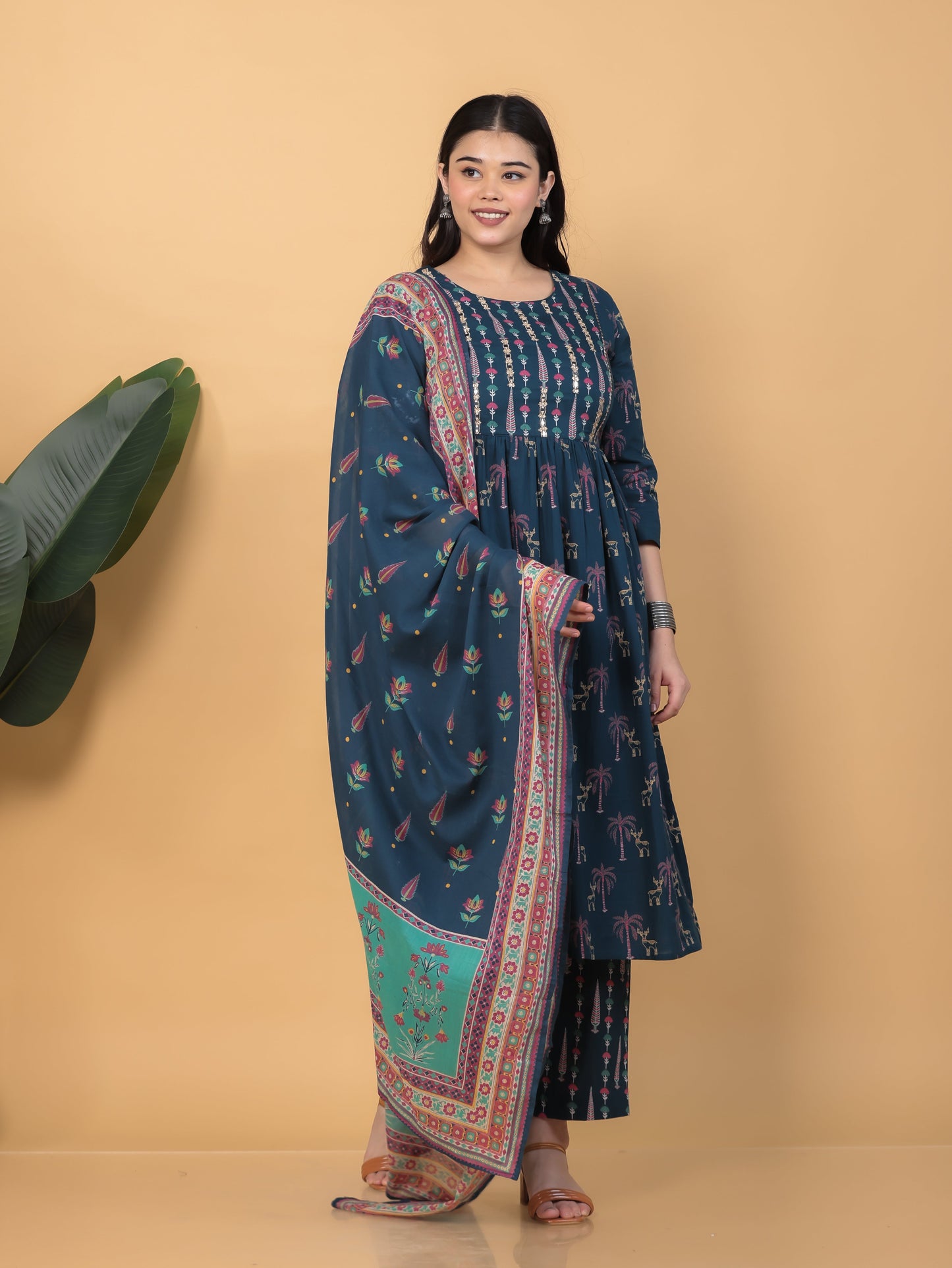 Cotton Voile Mughal Print Teal Dupatta