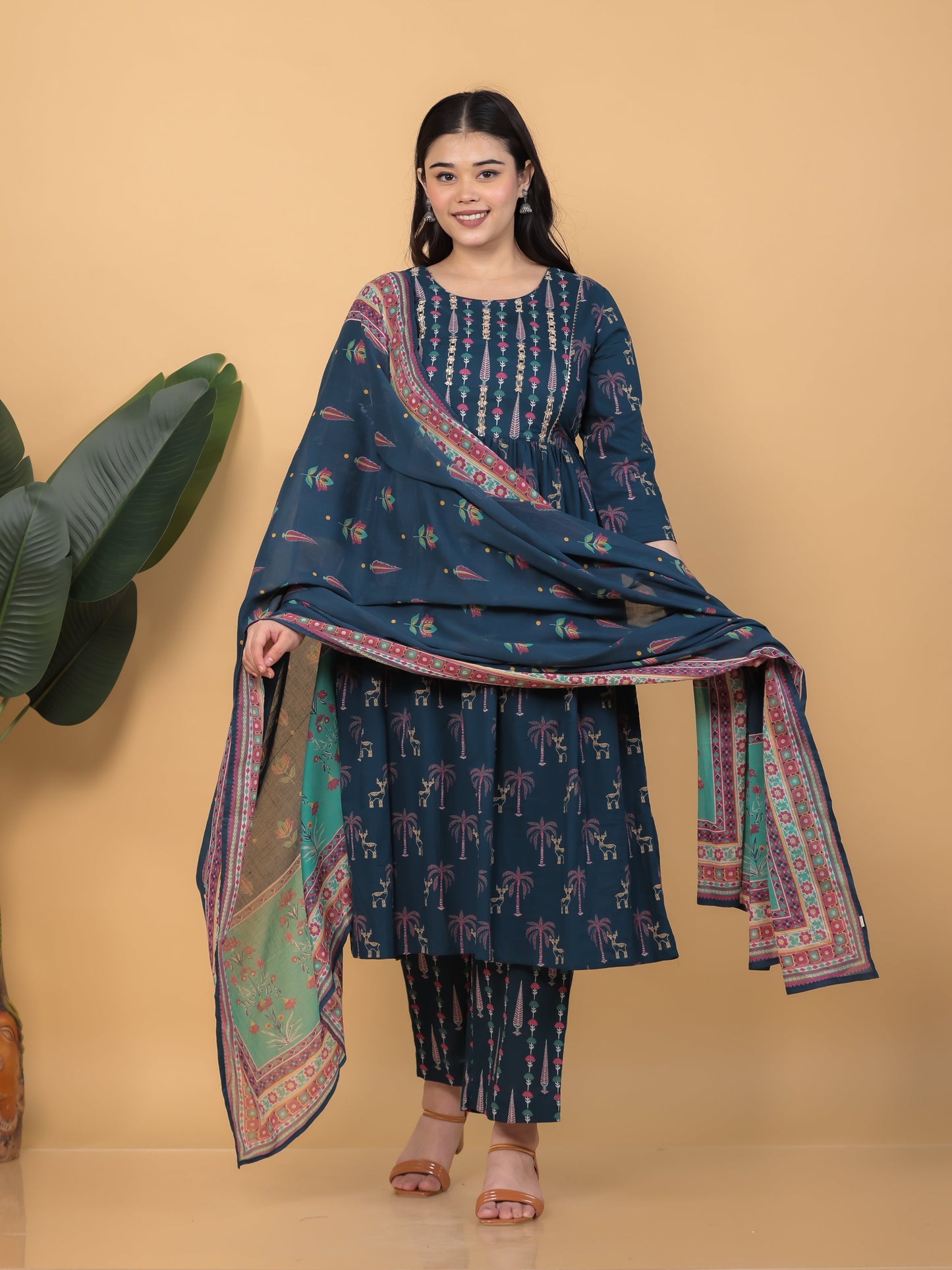 Cotton Voile Mughal Print Teal Dupatta