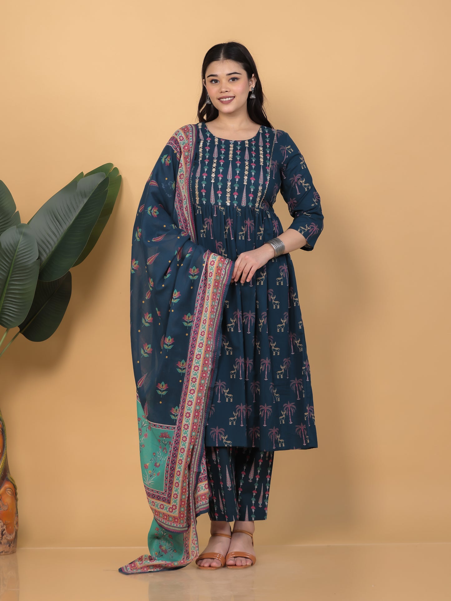 Embroidered Soft Cotton Abstract Flared Teal Kurta