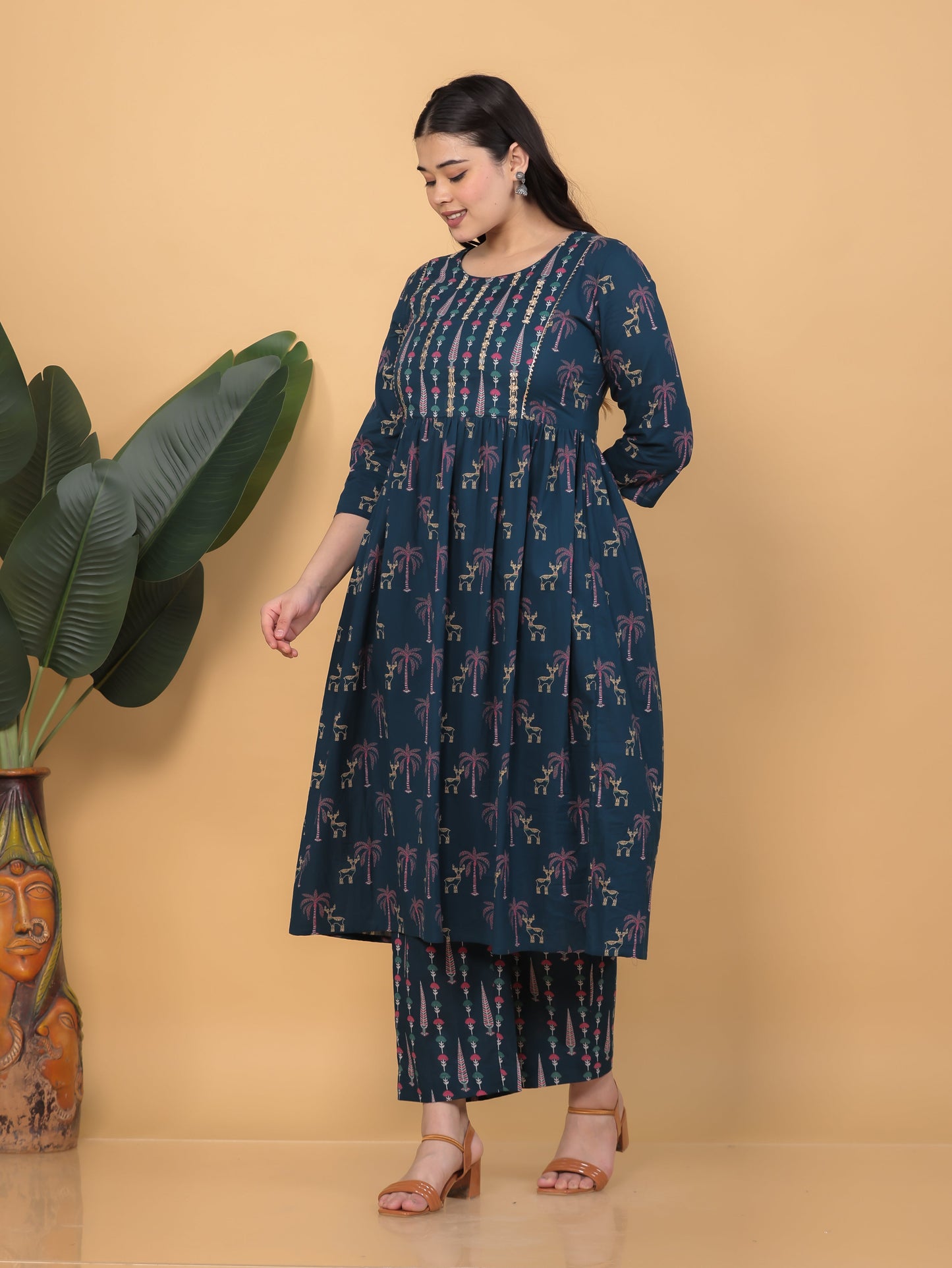 Embroidered Soft Cotton Abstract Flared Teal Kurta