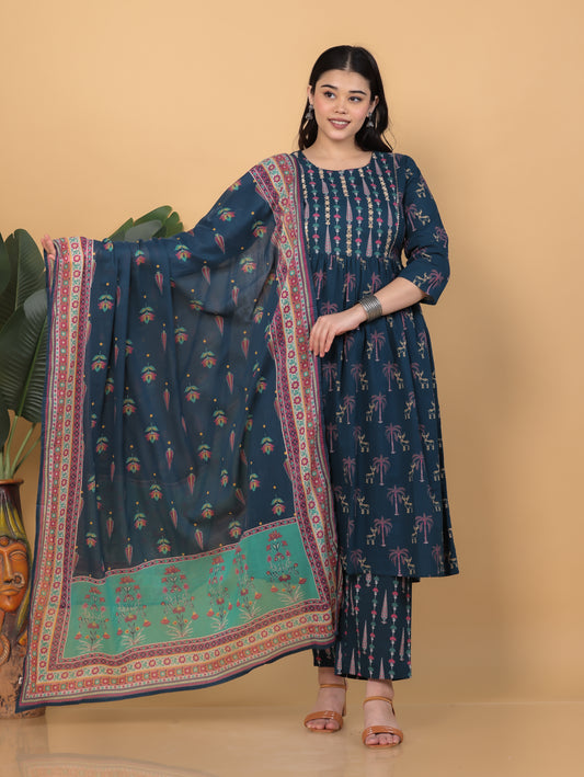 Embroidered Soft Cotton Abstract Flared Teal Kurta