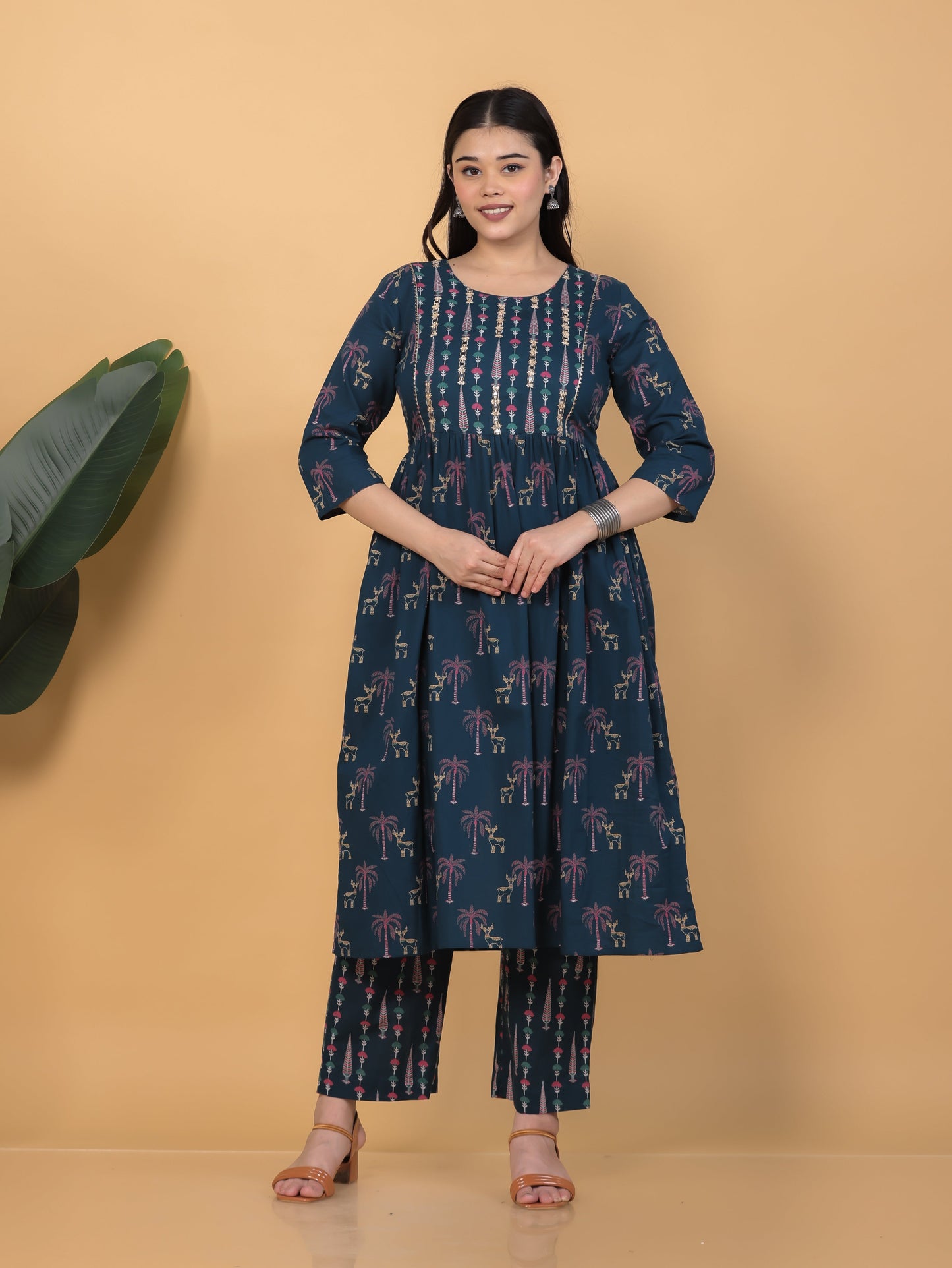 Embroidered Soft Cotton Abstract Flared Teal Kurta
