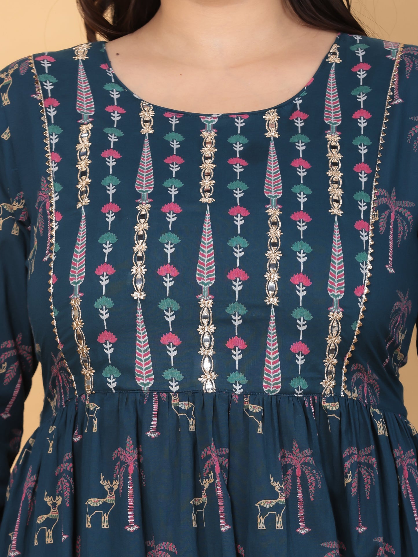 Embroidered Soft Cotton Abstract Flared Teal Kurta