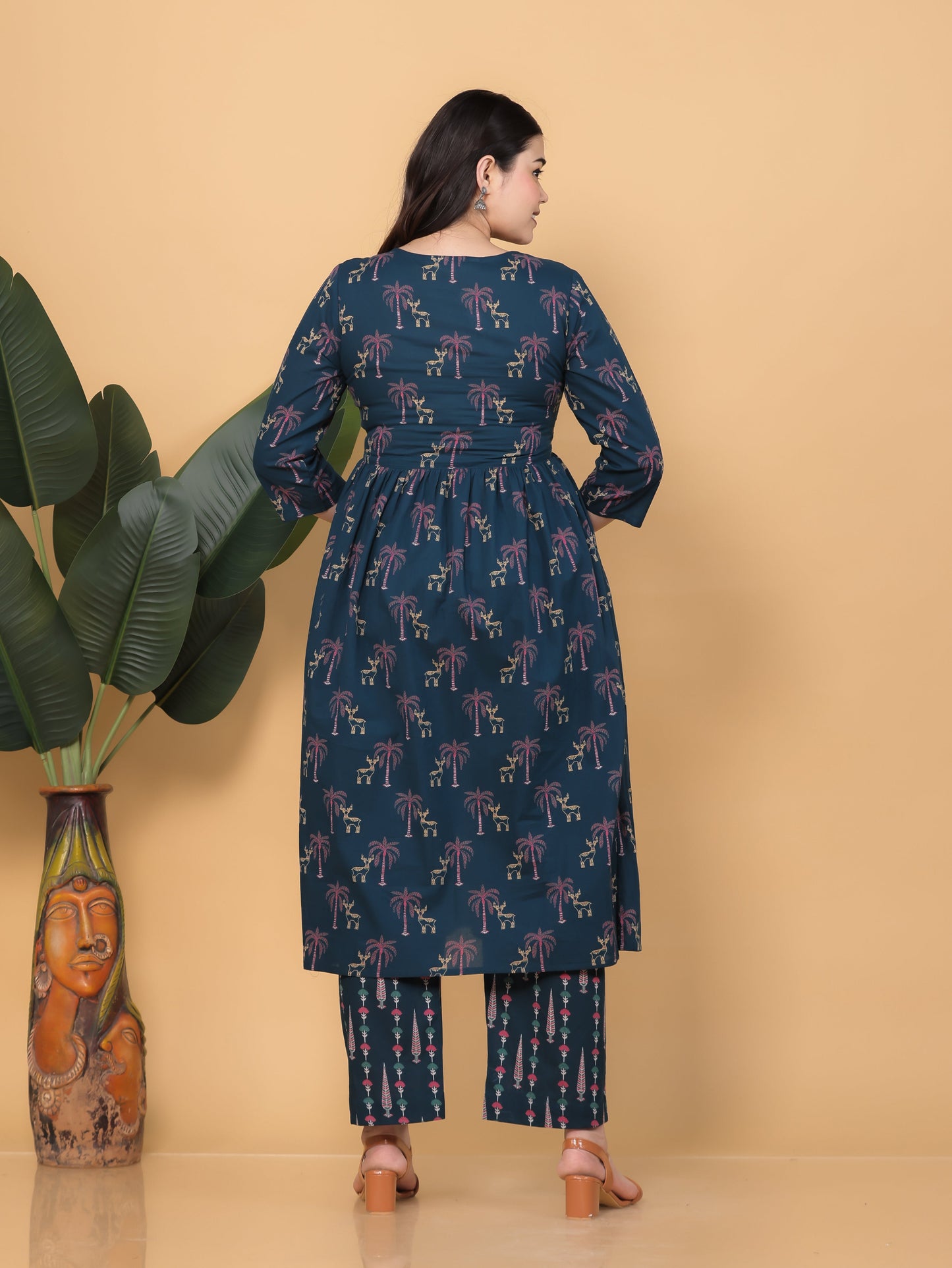 Embroidered Soft Cotton Abstract Flared Teal Kurta