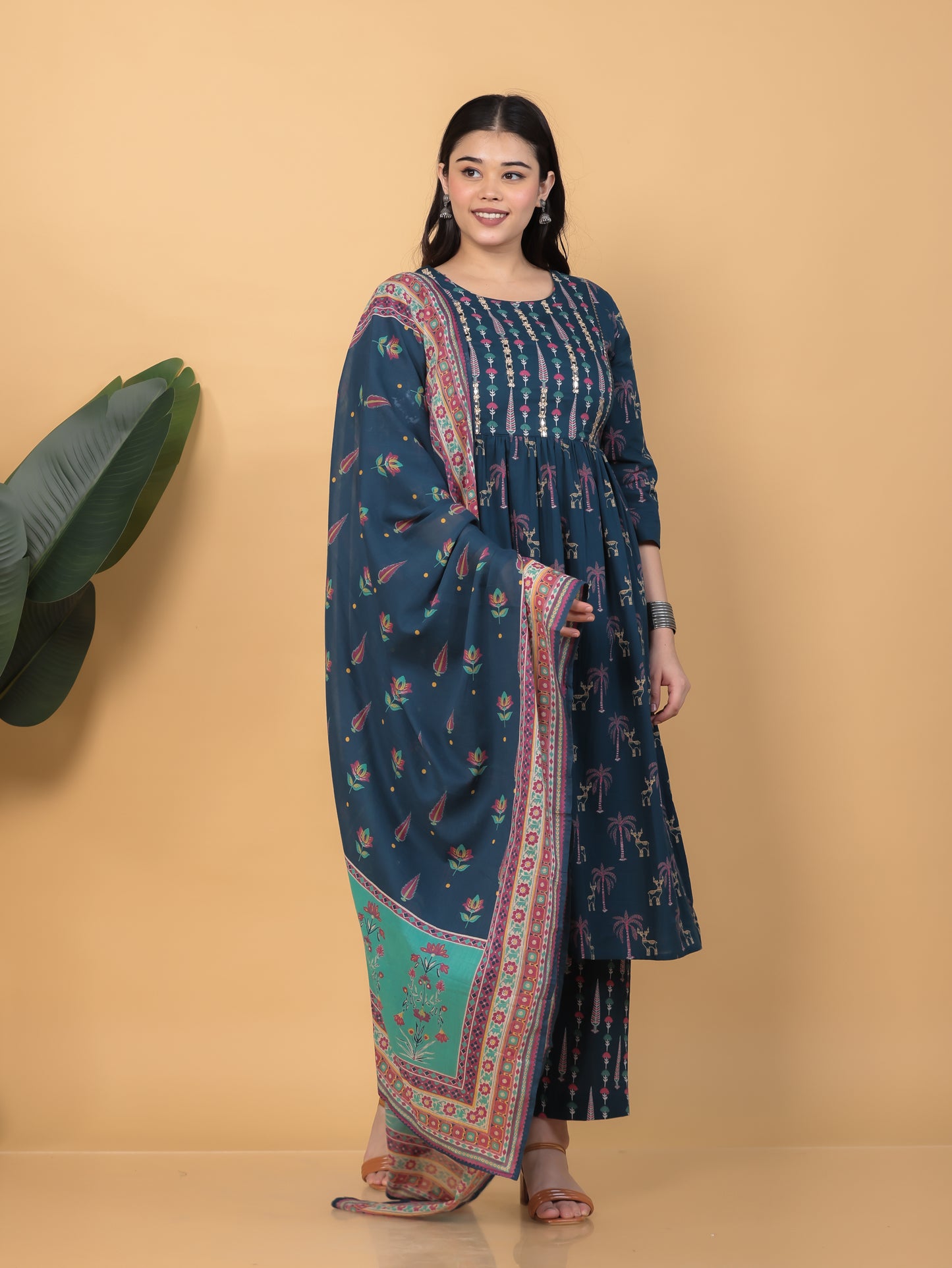 Embroidered Soft Cotton Abstract Flared Teal Kurta