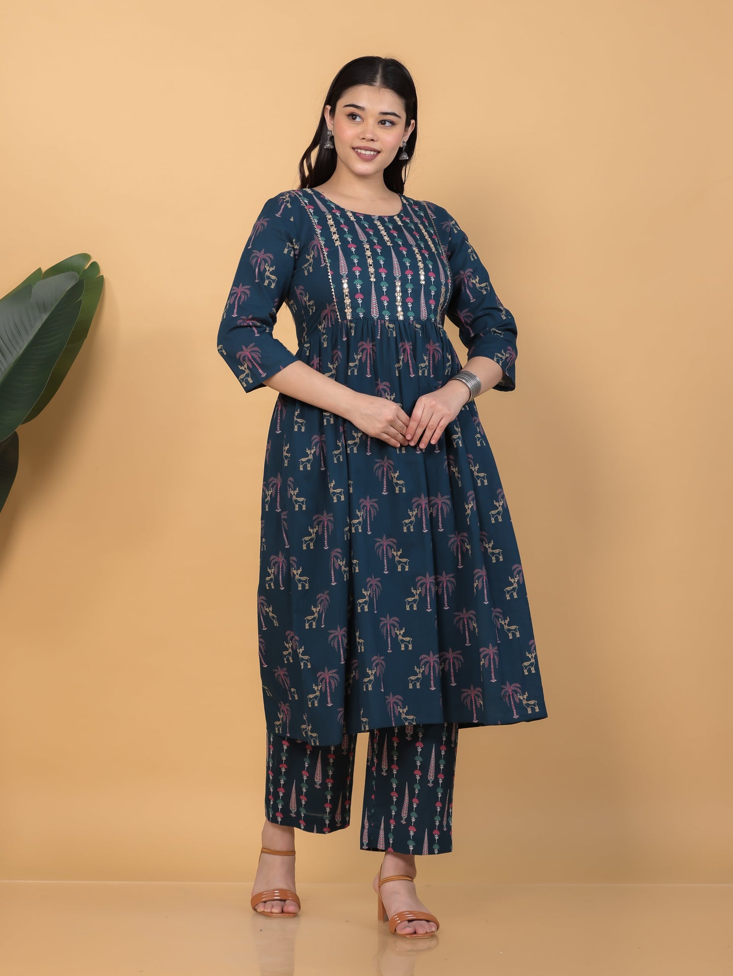 Embroidered Soft Cotton Abstract Flared Teal Kurta