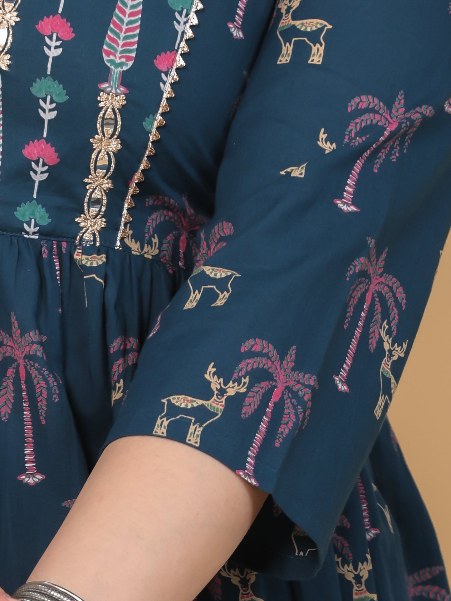 Embroidered Soft Cotton Abstract Flared Teal Kurta