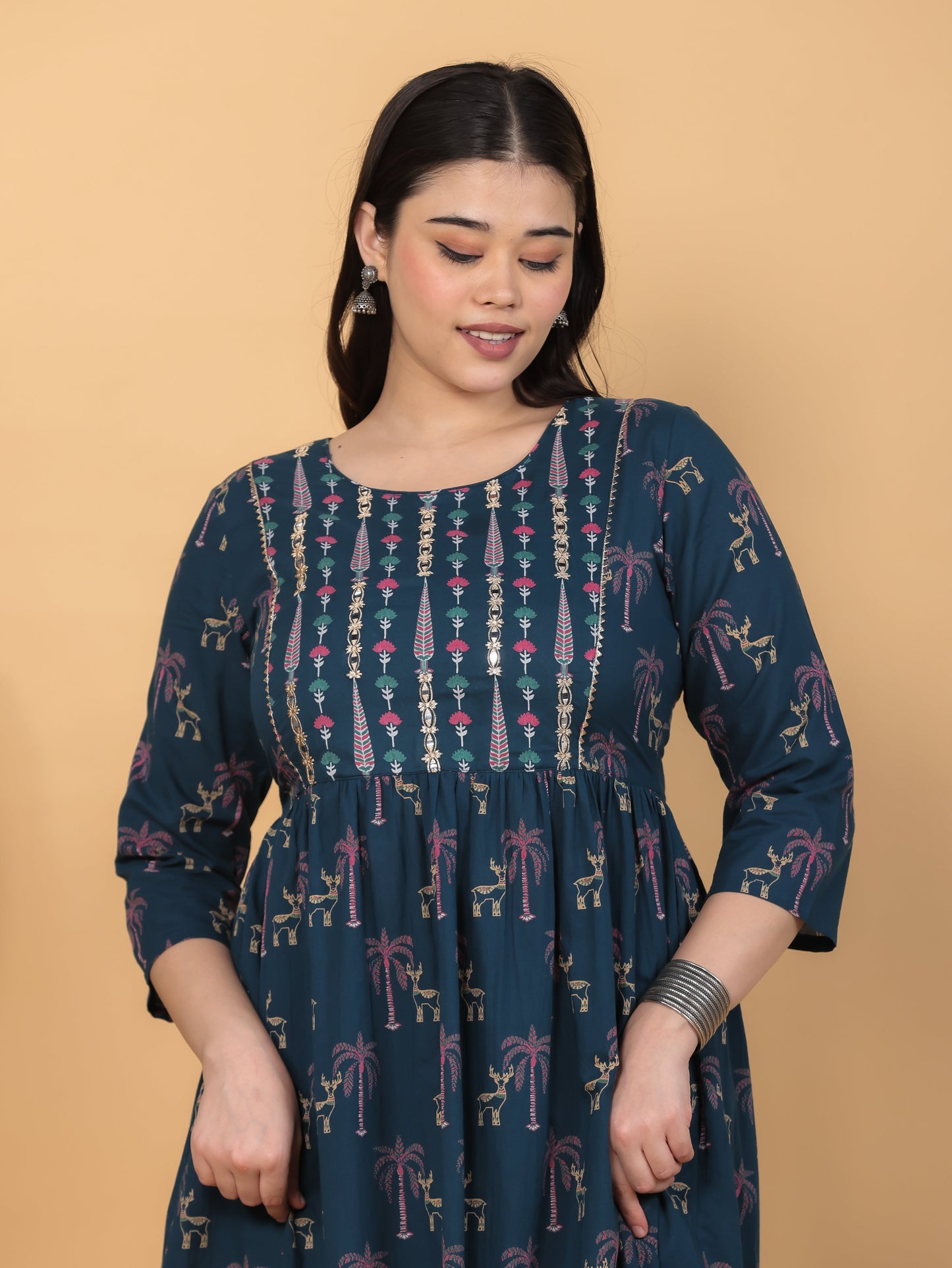 Embroidered Soft Cotton Abstract Flared Teal Kurta