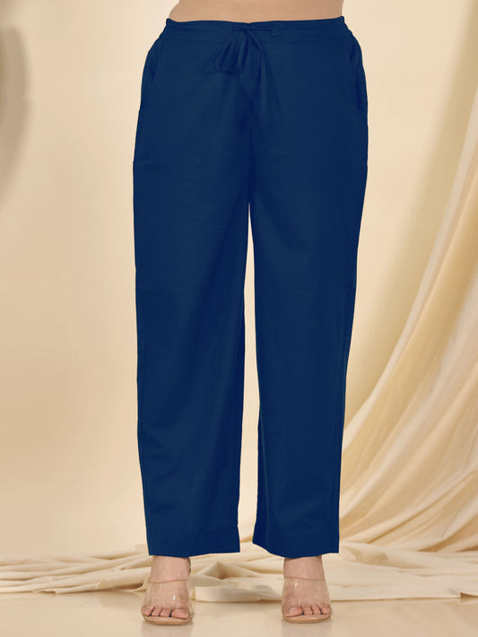 Soft Cotton Solid Blue Straight Trousers