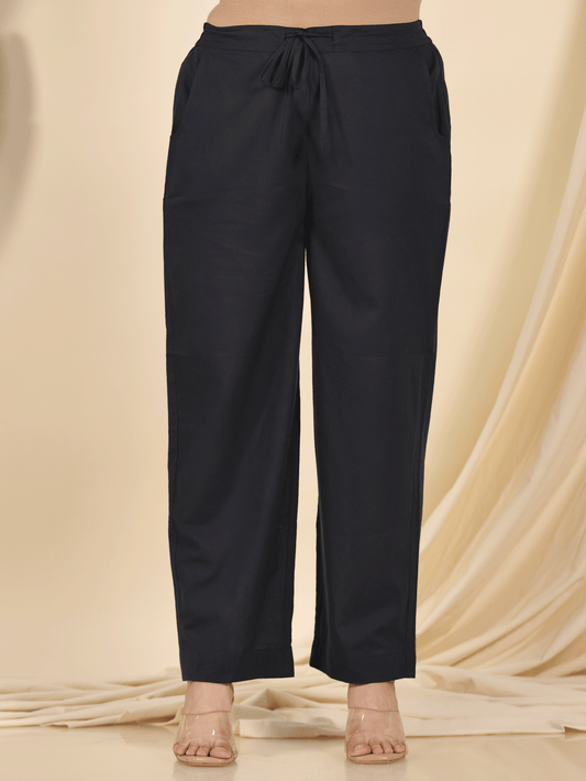 Soft Cotton Solid Blue Straight Trousers