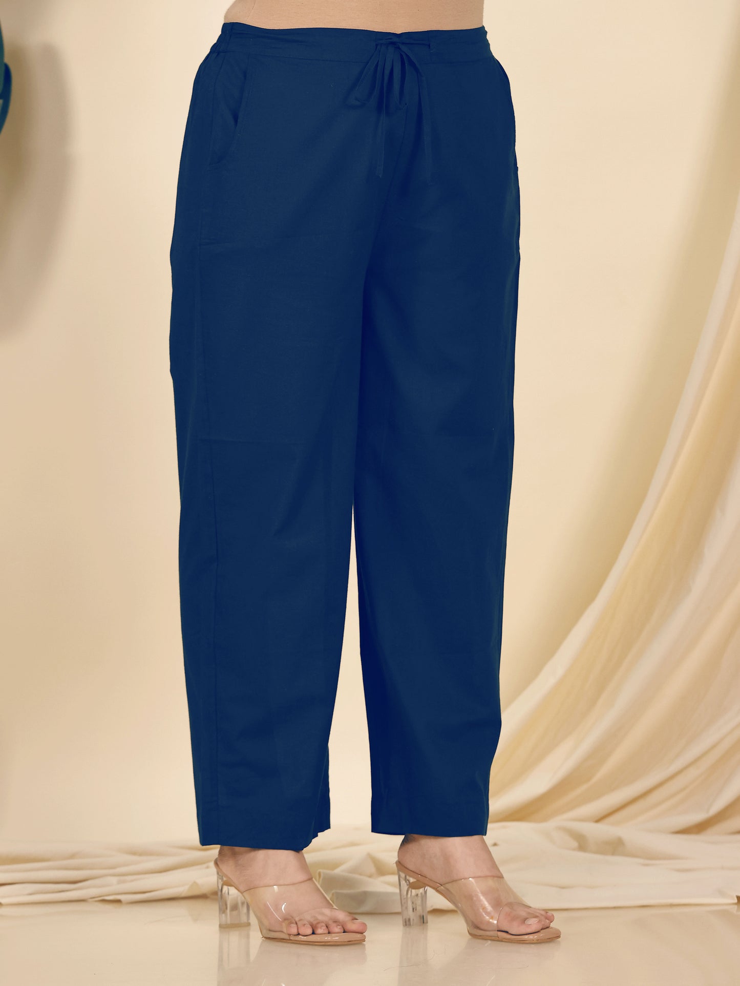 Soft Cotton Solid Blue Straight Trousers