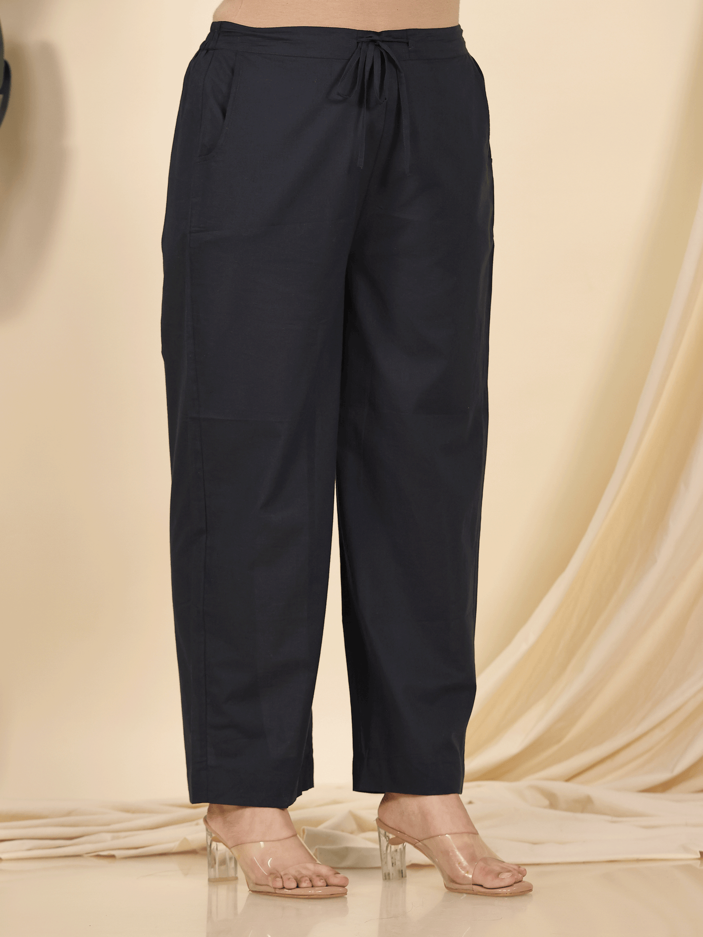 Soft Cotton Solid Blue Straight Trousers