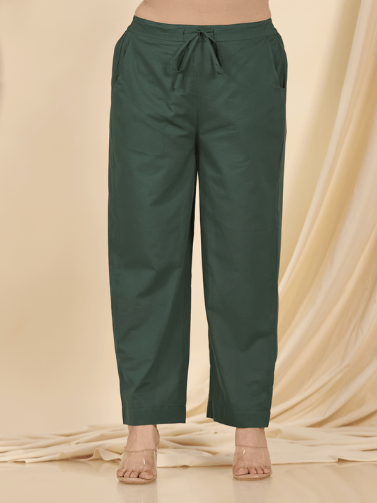 Soft Cotton Solid Green Straight Trousers