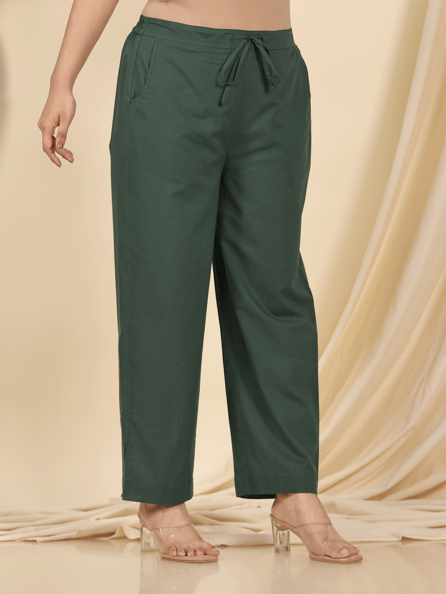 Soft Cotton Solid Green Straight Trousers