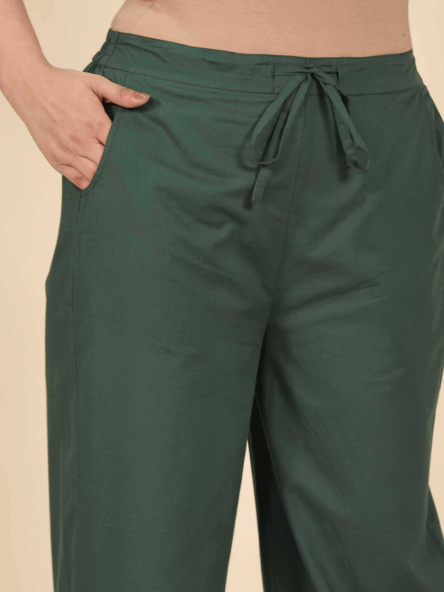 Soft Cotton Solid Green Straight Trousers