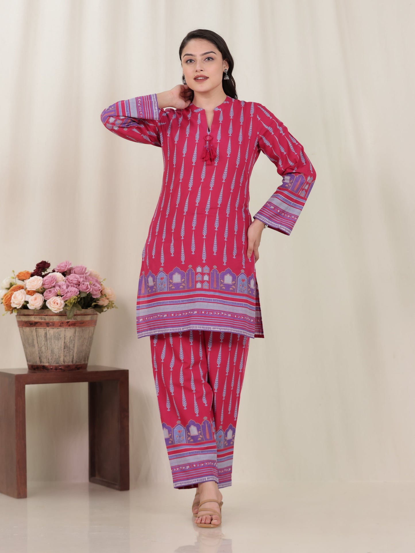 Soft Cotton Mughal Print Straight Pink Kurta