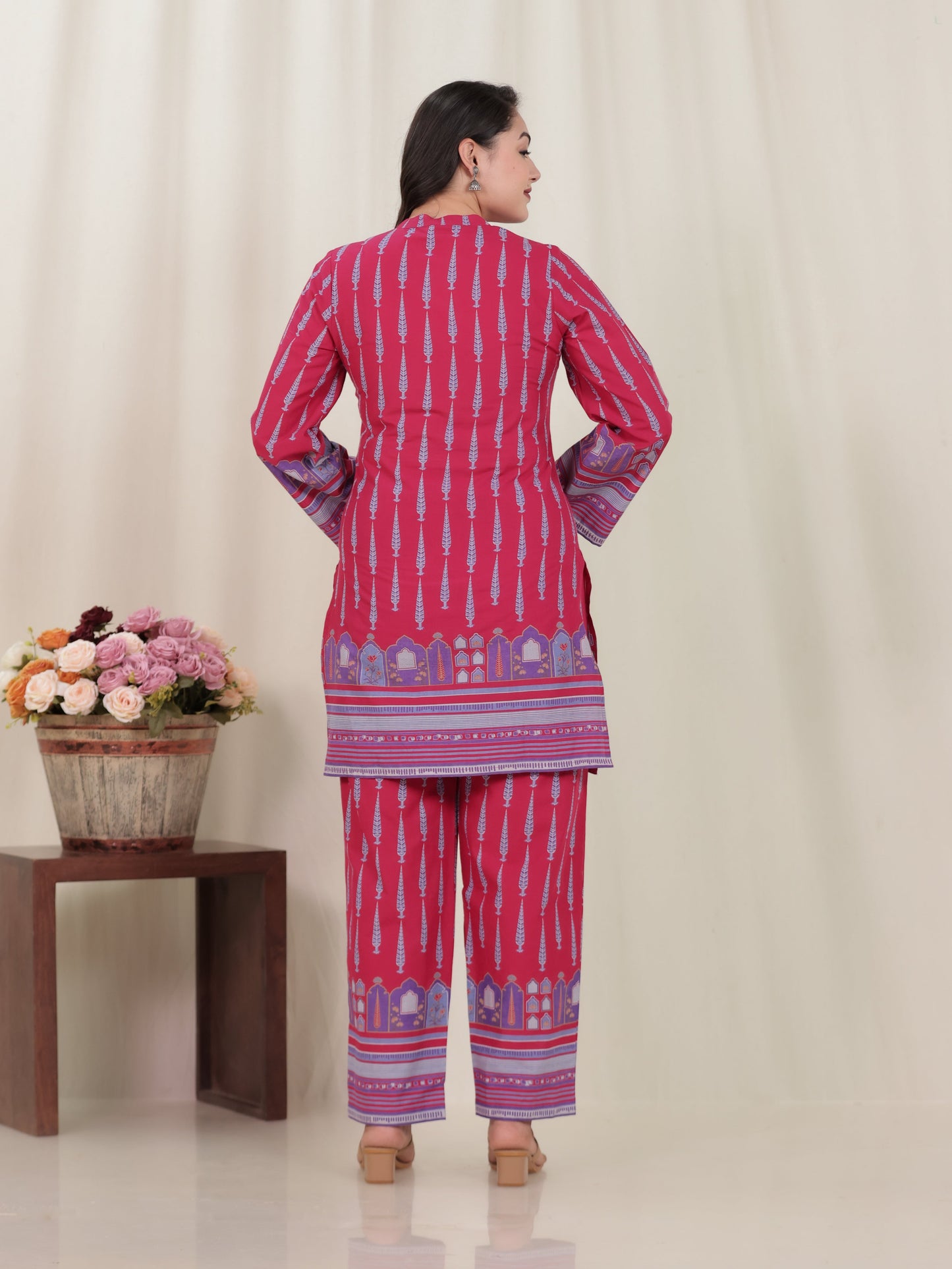 Soft Cotton Mughal Print Straight Pink Kurta