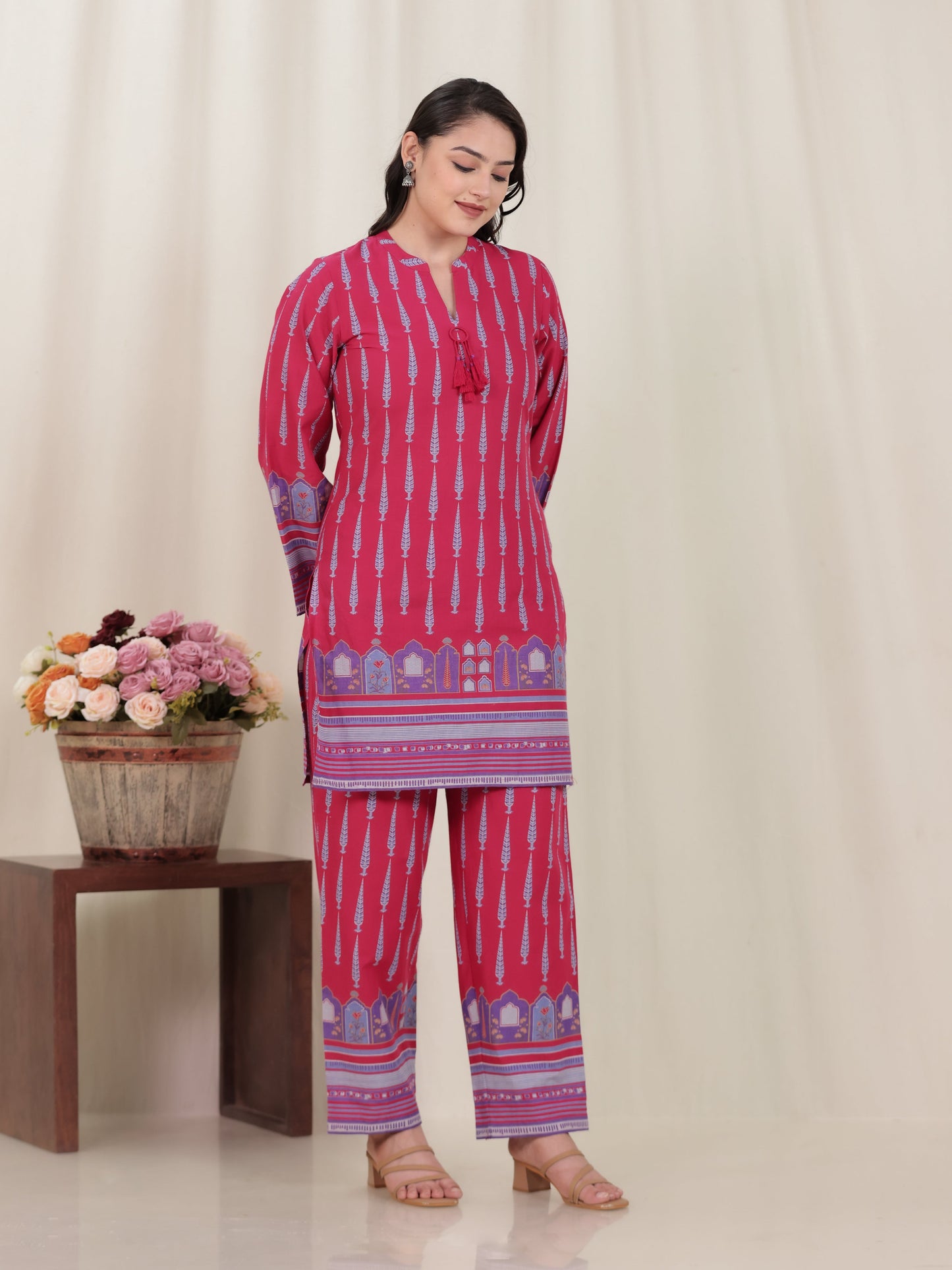 Soft Cotton Mughal Print Straight Pink Kurta