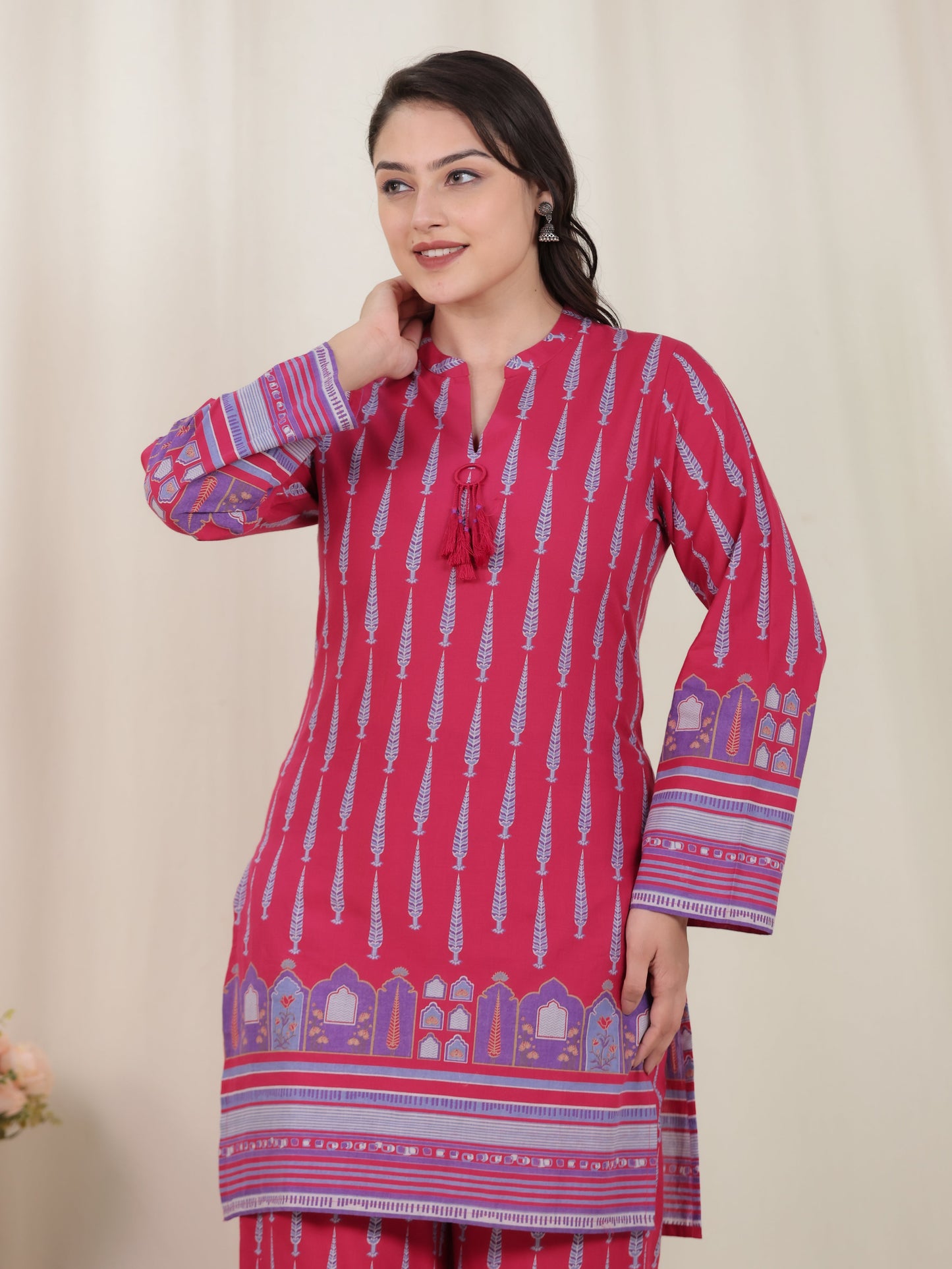 Soft Cotton Mughal Print Straight Pink Kurta