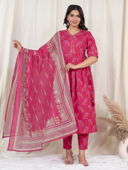 Soft Cotton Animal A-line Red Kurta