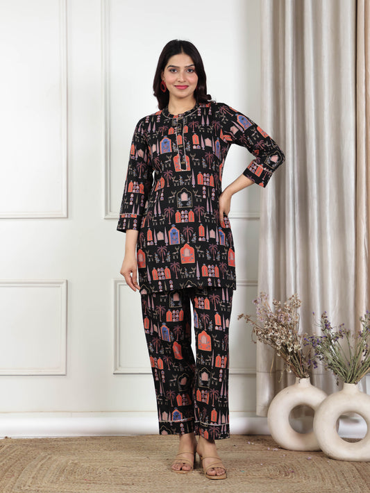 Soft Cotton Ajrakh Straight Black Kurta