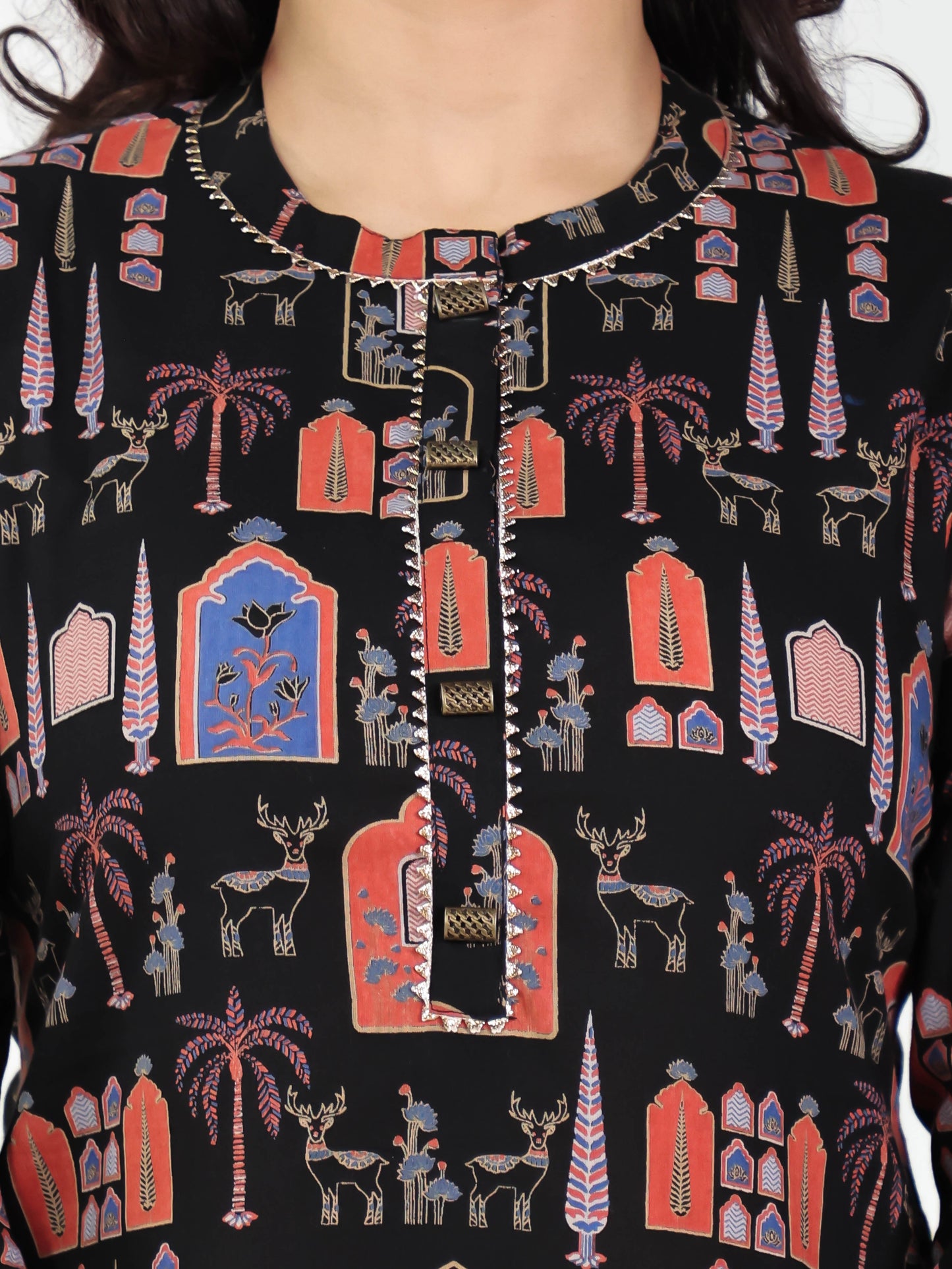 Soft Cotton Ajrakh Straight Black Kurta