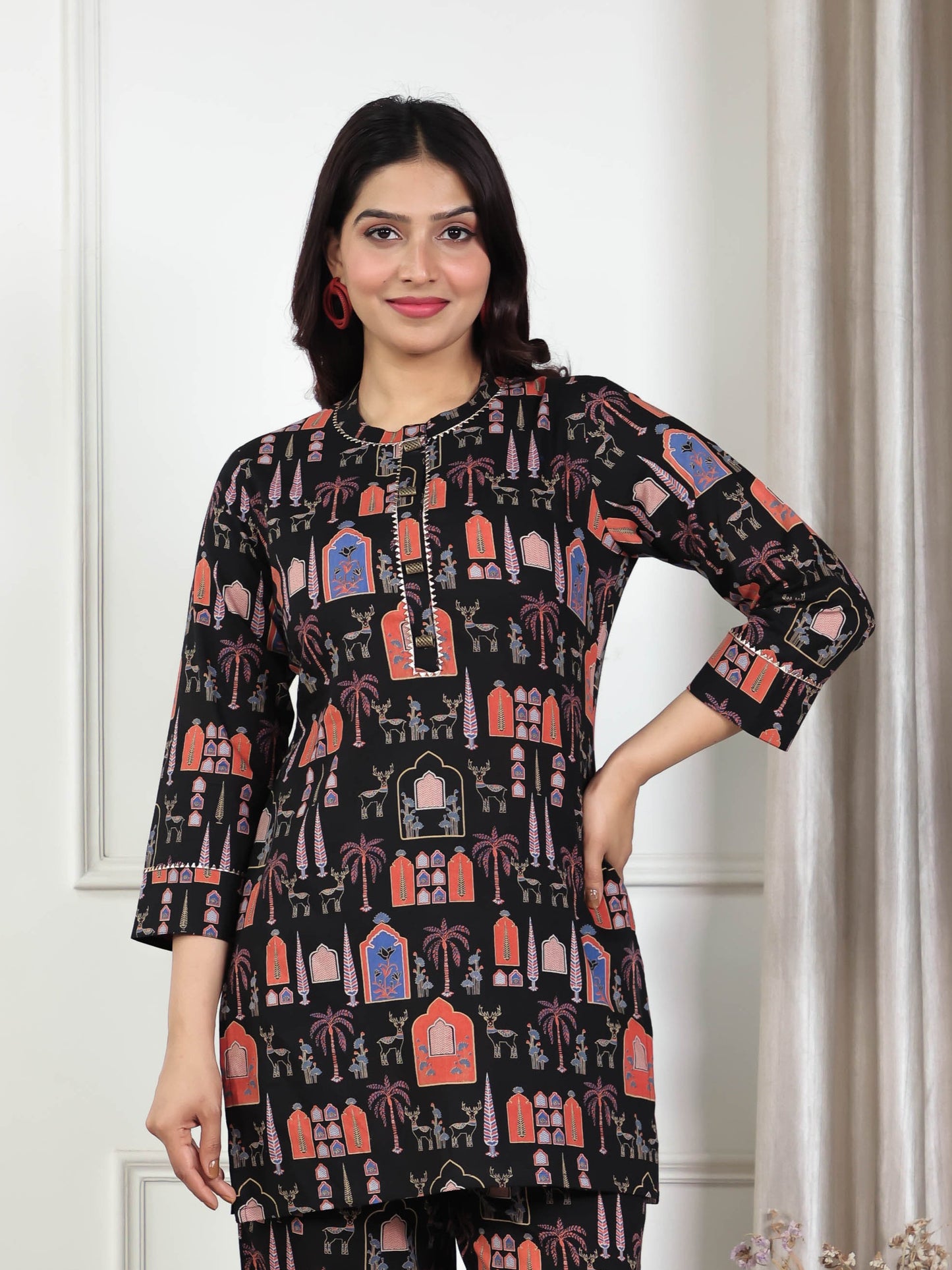 Soft Cotton Ajrakh Straight Black Kurta