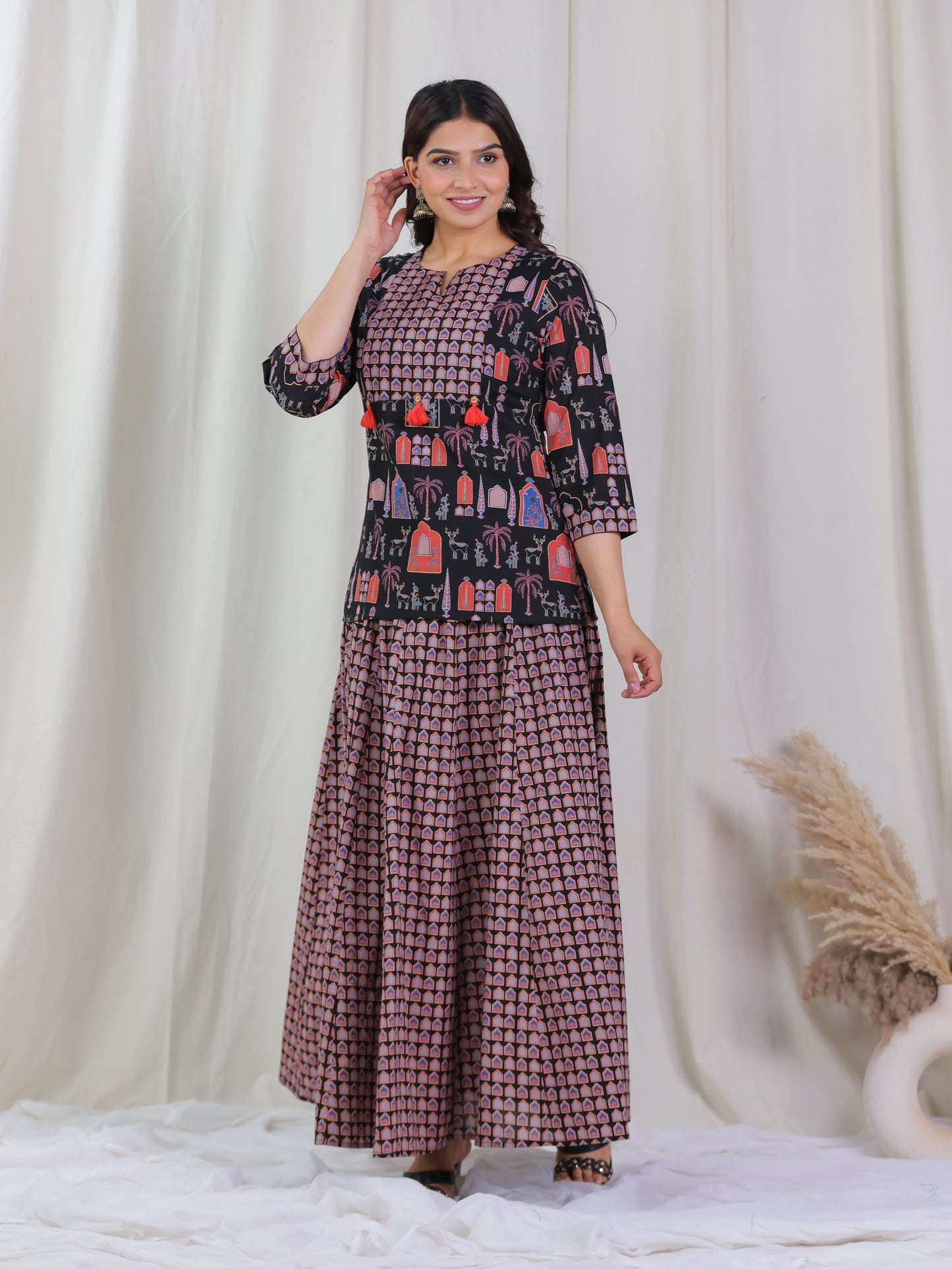 Soft Cotton Ajrakh Straight Black Kurta