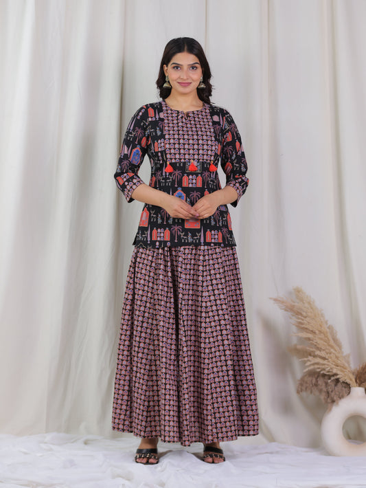 Soft Cotton Ajrakh Straight Black Kurta
