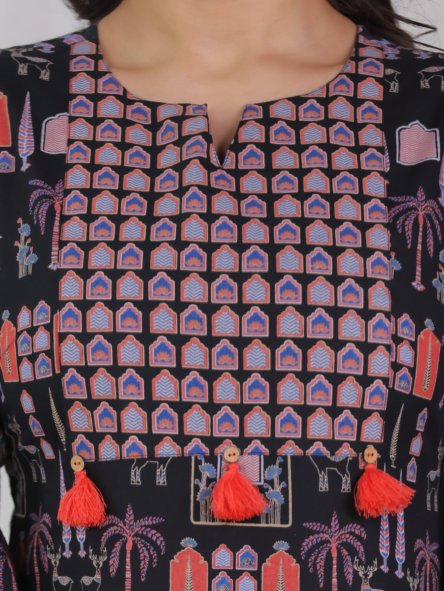 Soft Cotton Ajrakh Straight Black Kurta