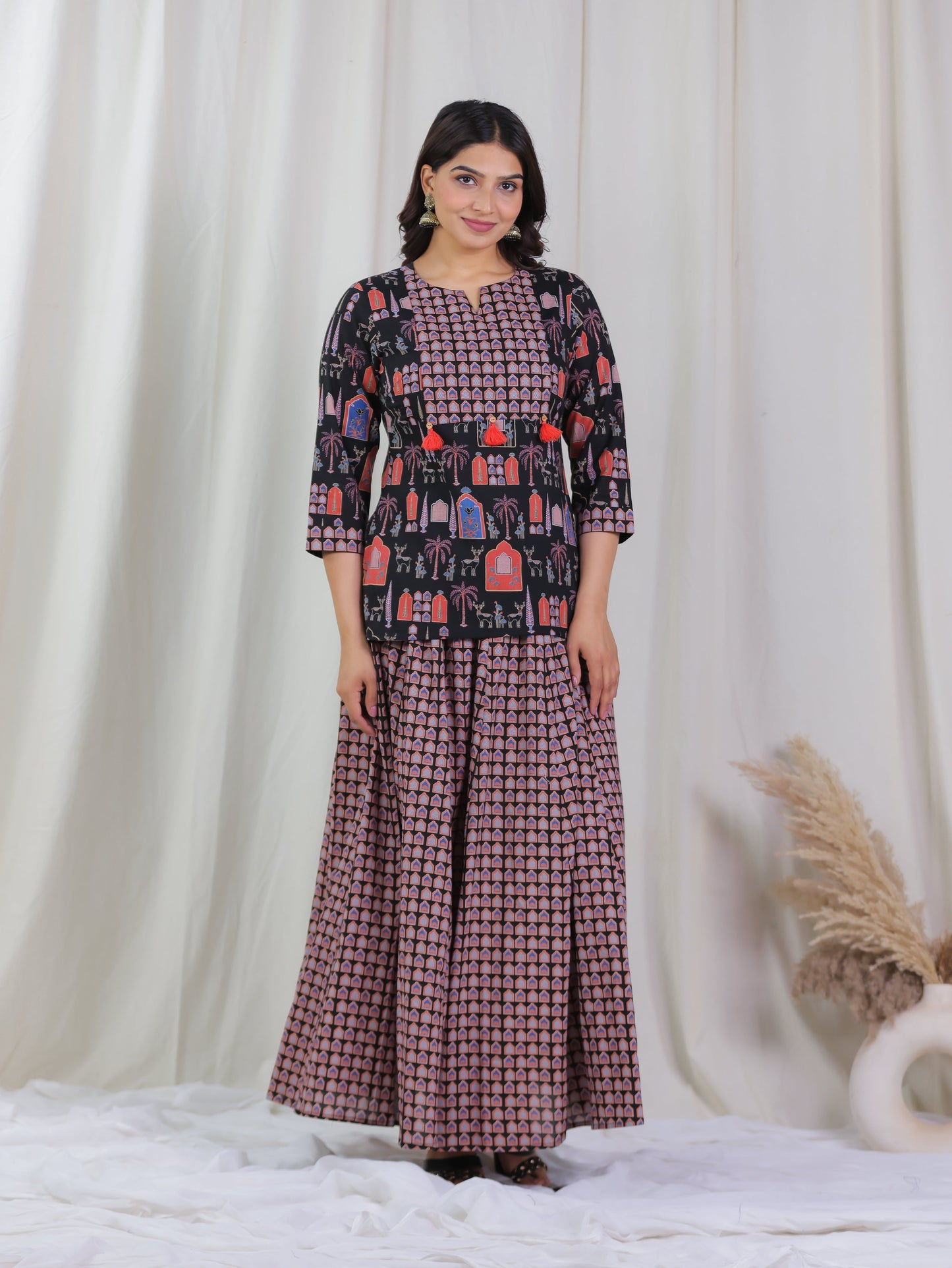 Soft Cotton Ajrakh Straight Black Kurta