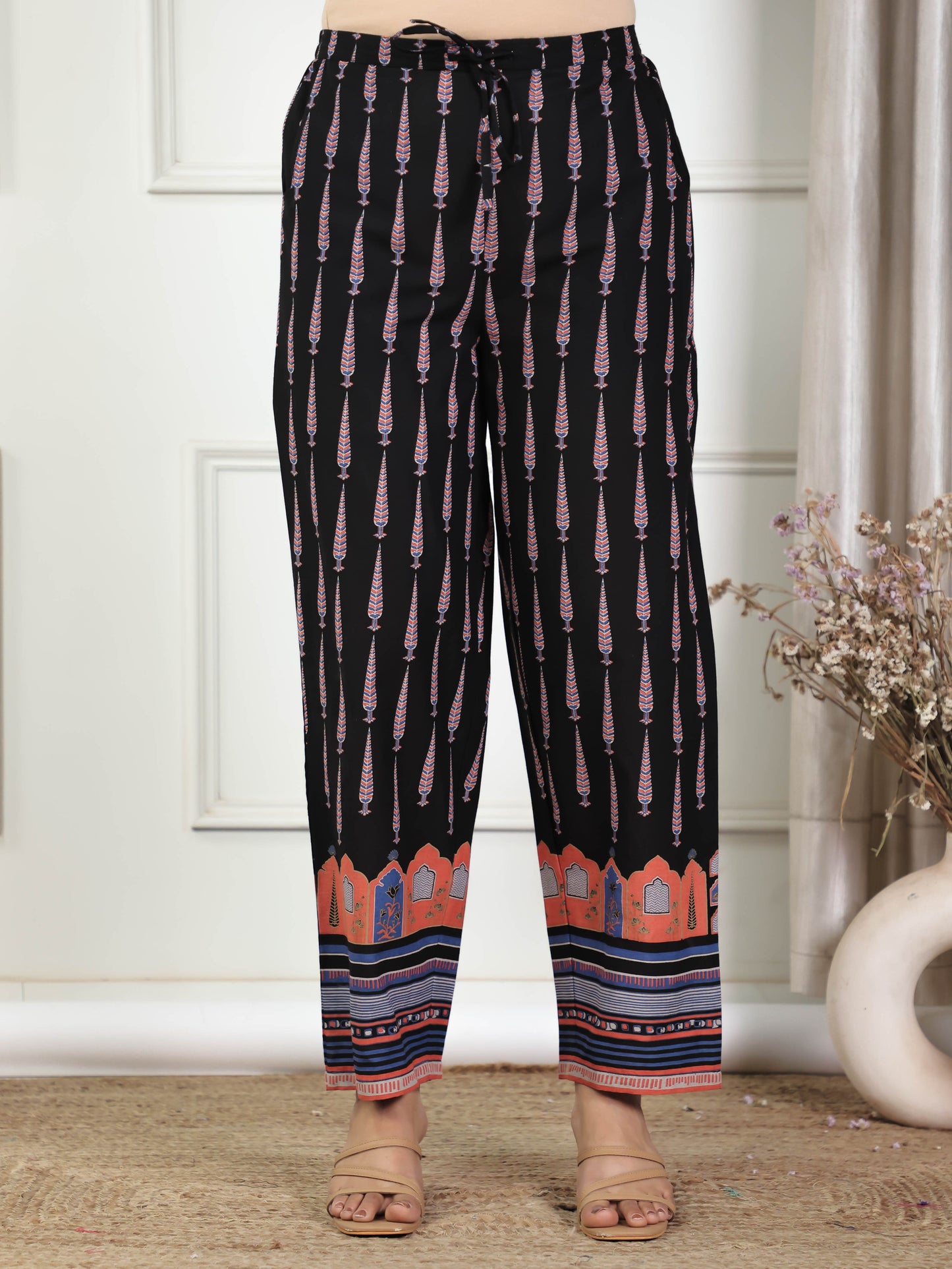 Soft Cotton Placement Print Black Straight Trousers