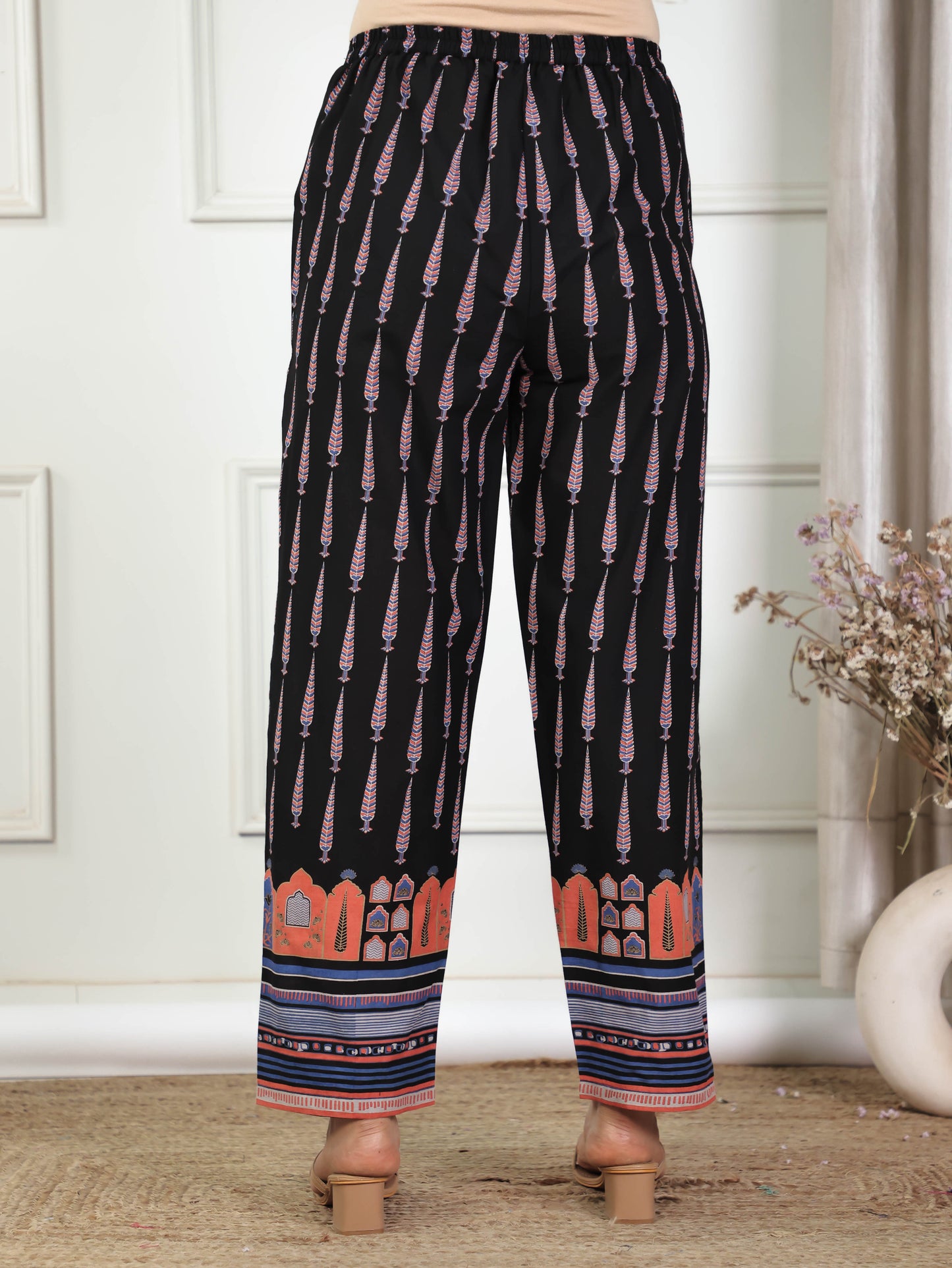 Soft Cotton Placement Print Black Straight Trousers
