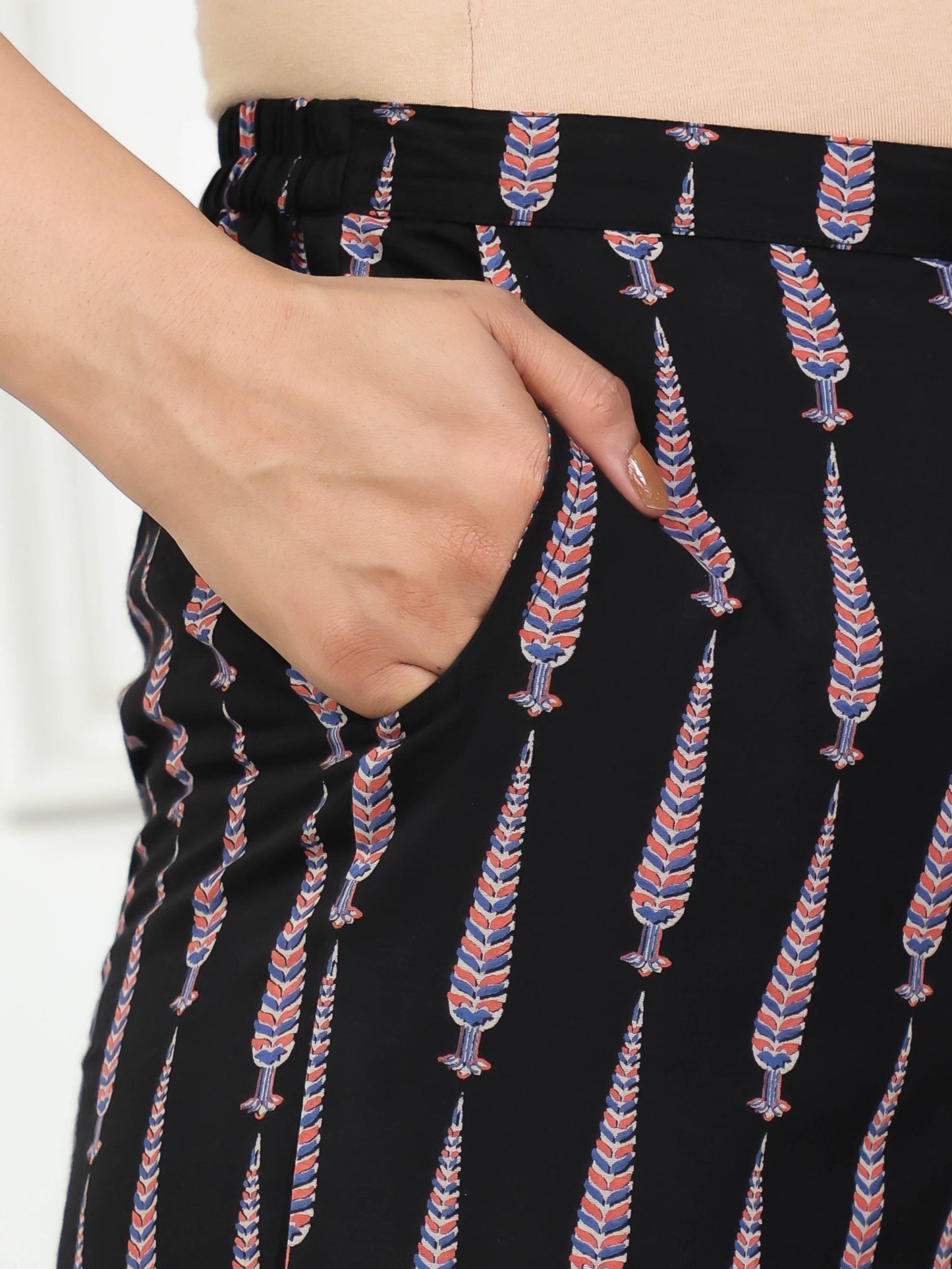 Soft Cotton Placement Print Black Straight Trousers