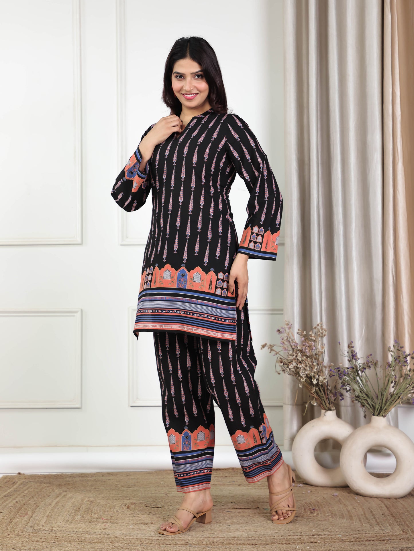 Soft Cotton Placement Print Angrakha Black Kurta