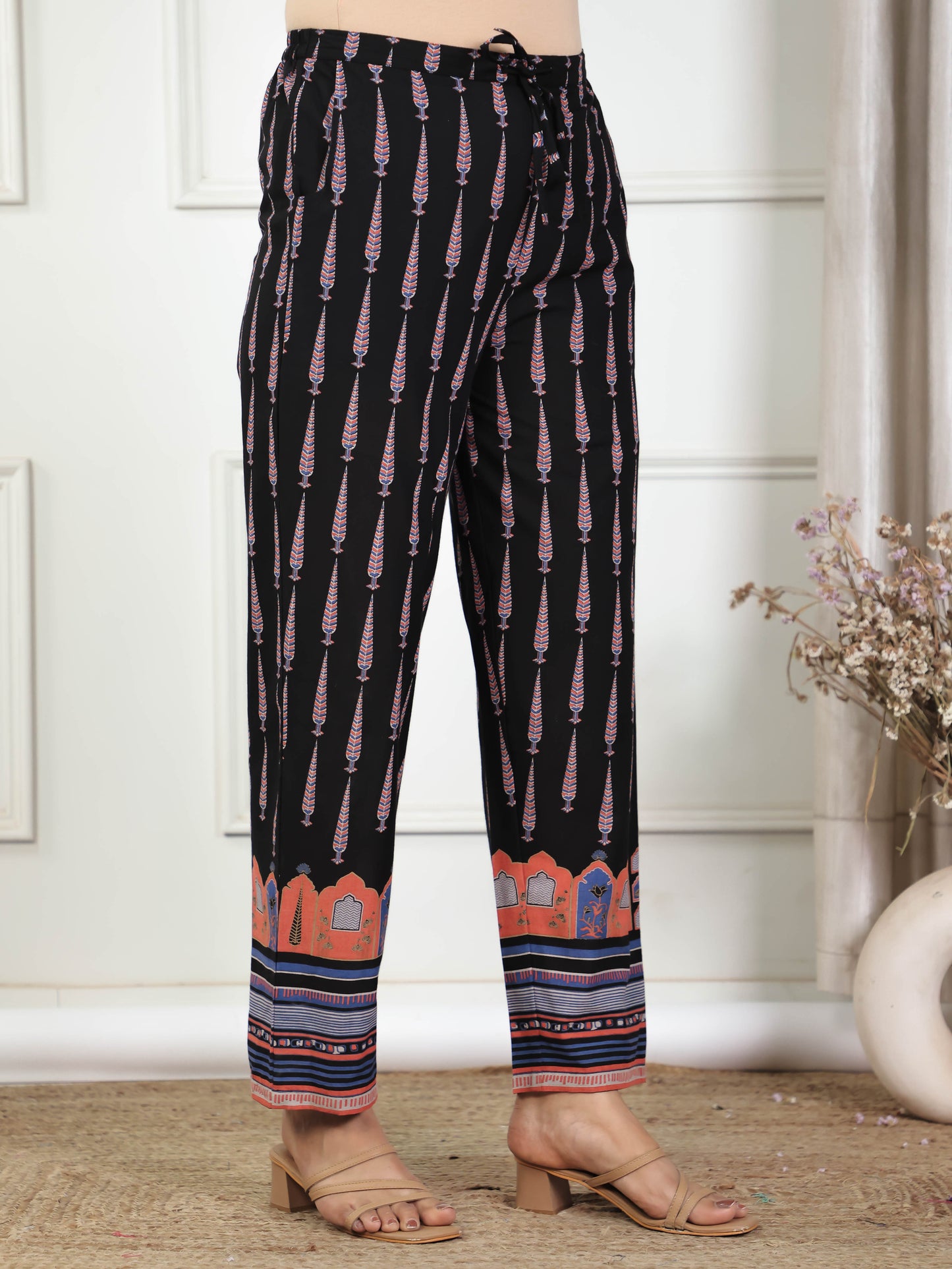 Soft Cotton Placement Print Angrakha Black Kurta