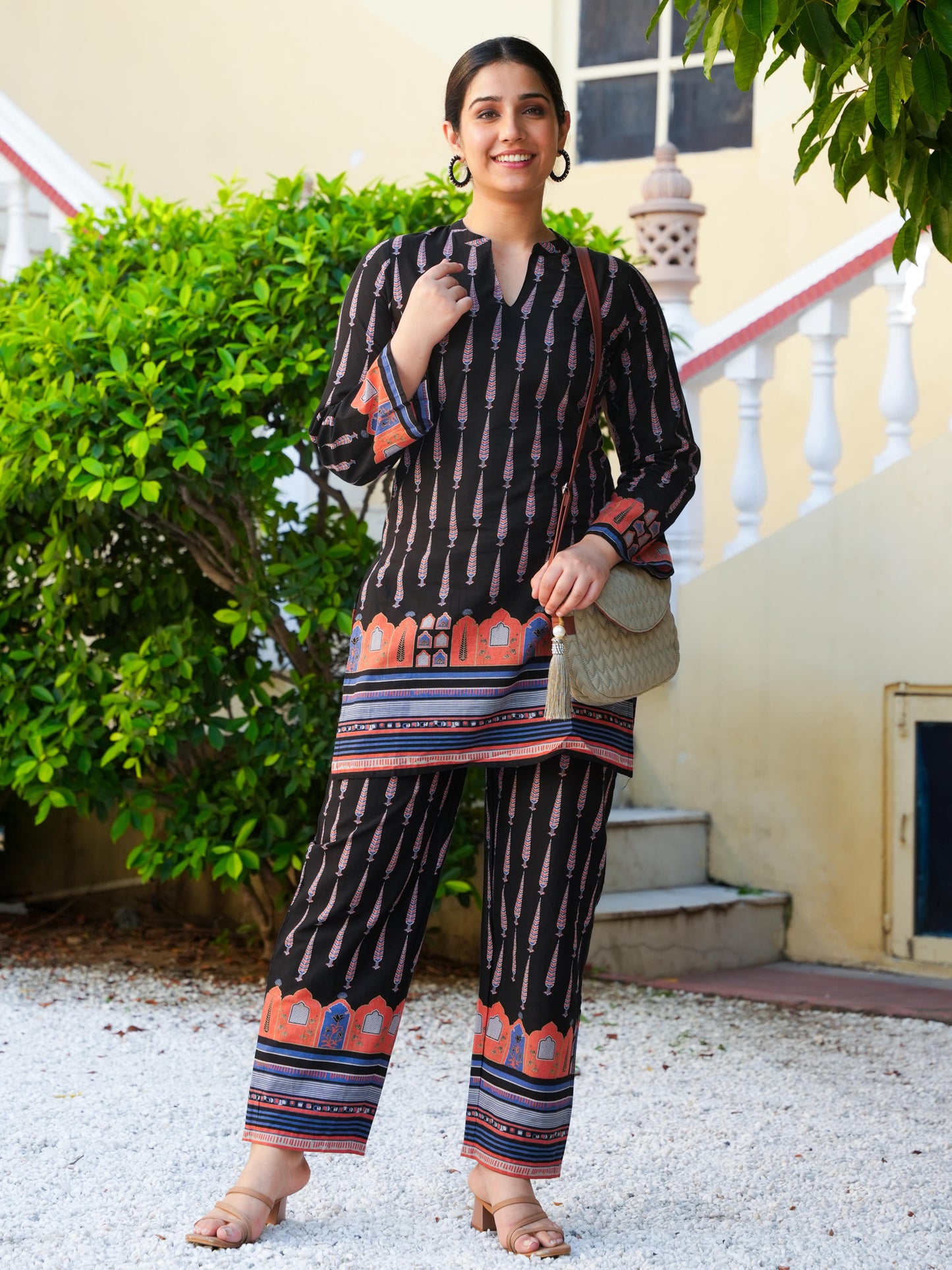 Soft Cotton Placement Print Angrakha Black Kurta