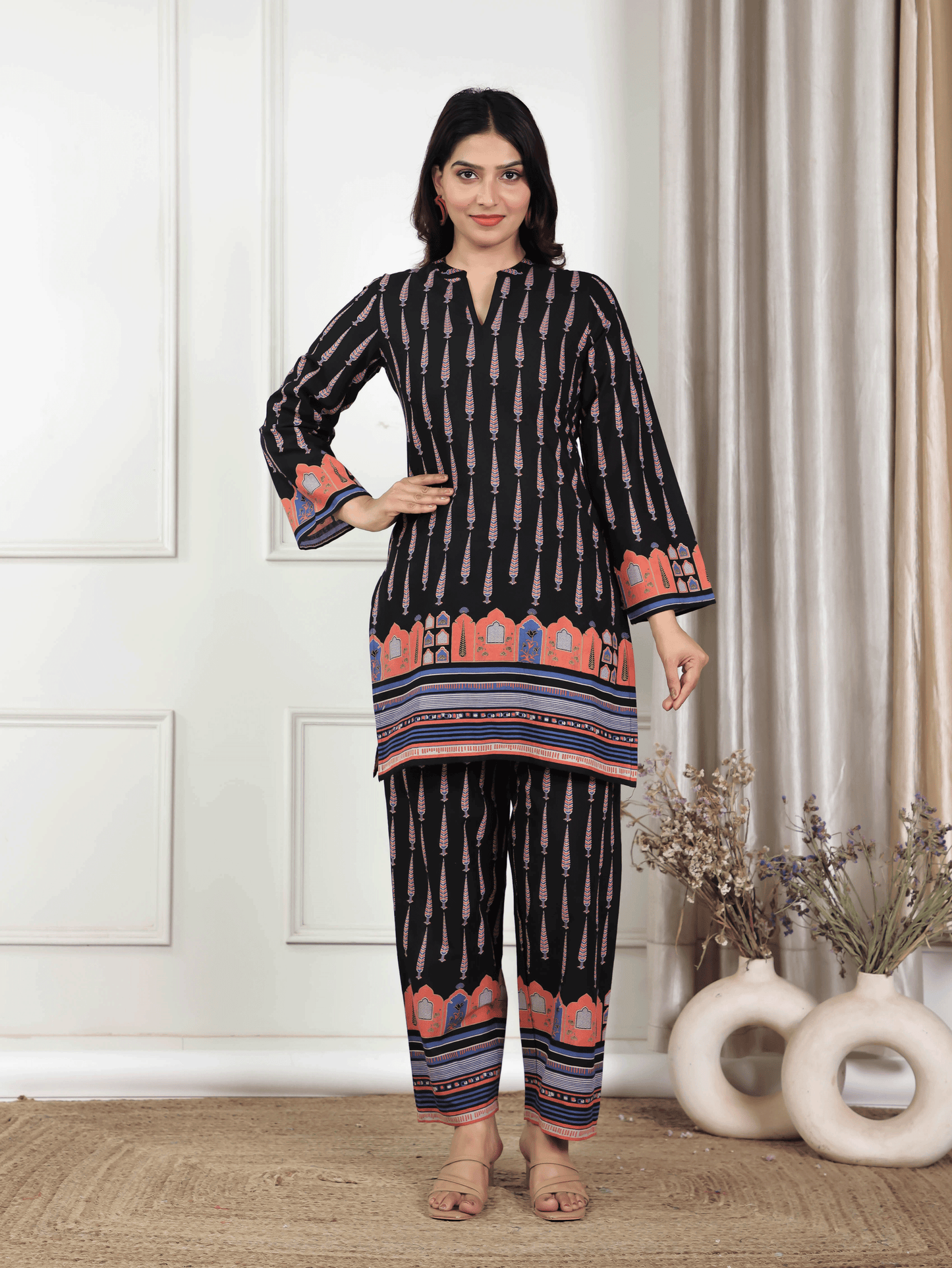 Soft Cotton Placement Print Angrakha Black Kurta